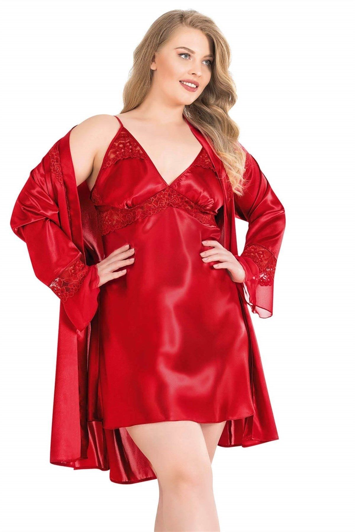 Marsilyan-Plus Size Red Short Double Satin Dressing Gown Nightgown Set 4