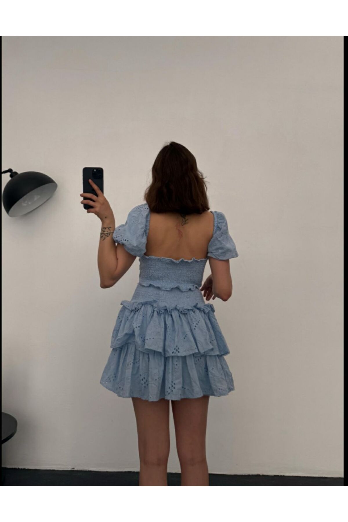 Castivo Fashion Brode Kat Kat Mini Elbise - Fırfır Detaylı Karpuz Kol