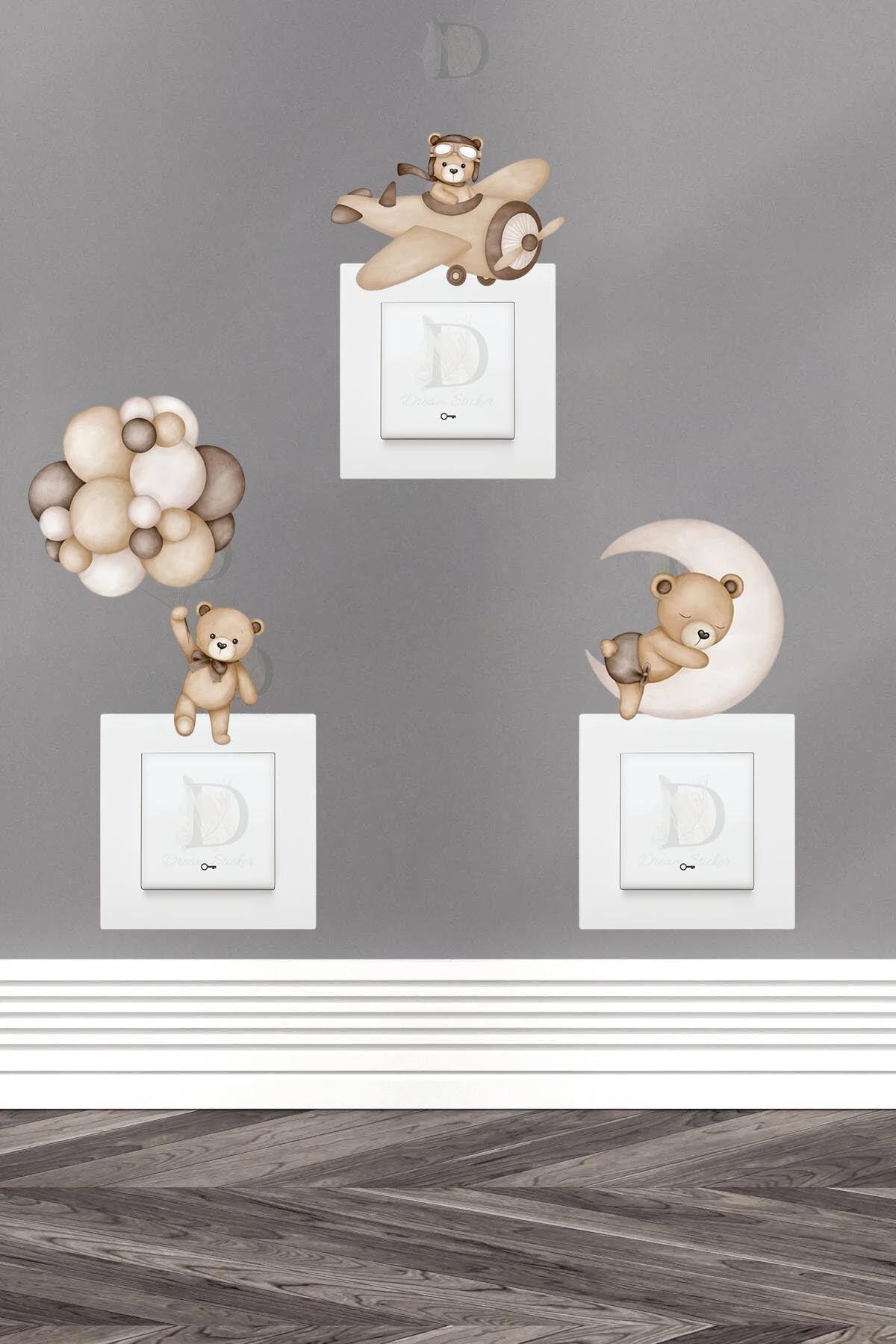 KT Decor 3'lü Soft Renk Ayıcık Çocuk Odası Priz Sticker Seti