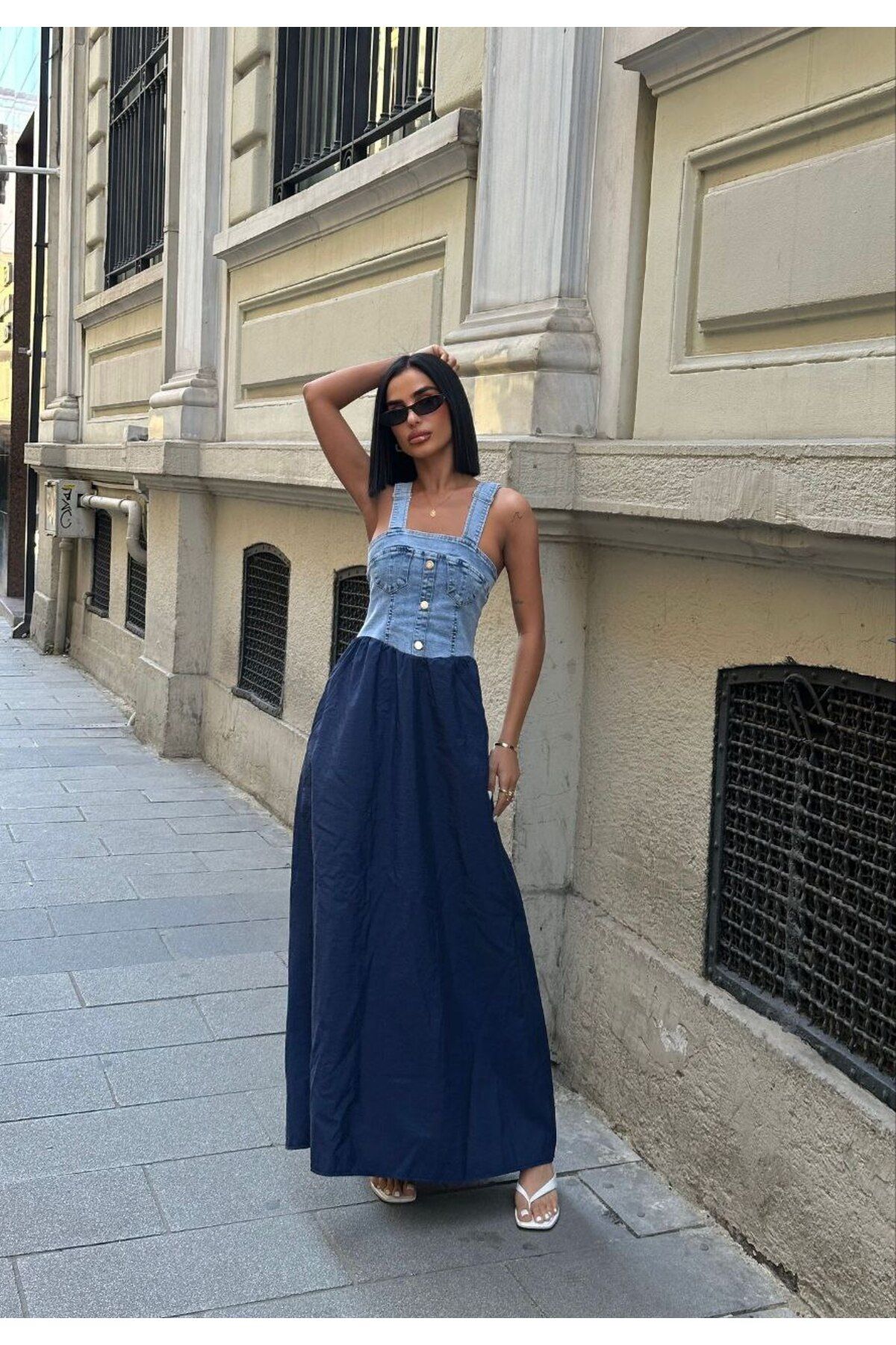 Castivo Fashion Denim Büstiyer Detaylı Askılı Maksi Elbise
