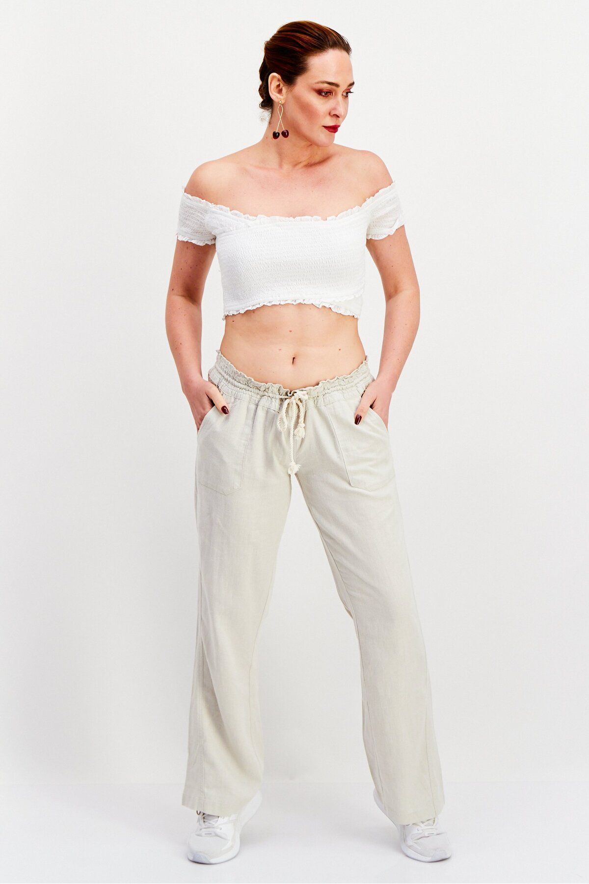 Roxy-Women Regular Fit Textured Wide Leg Pants, Beige 4