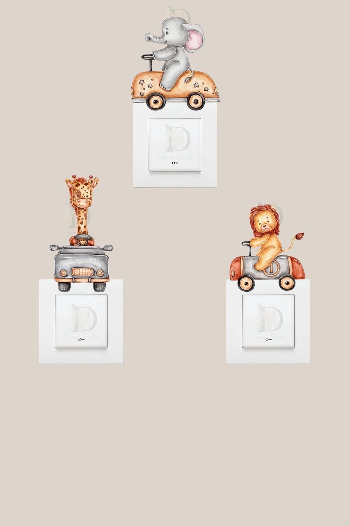 KT Decor Eğlenceli Şoför Hayvanlar Çocuk Odası 3'lü Priz Sticker Seti