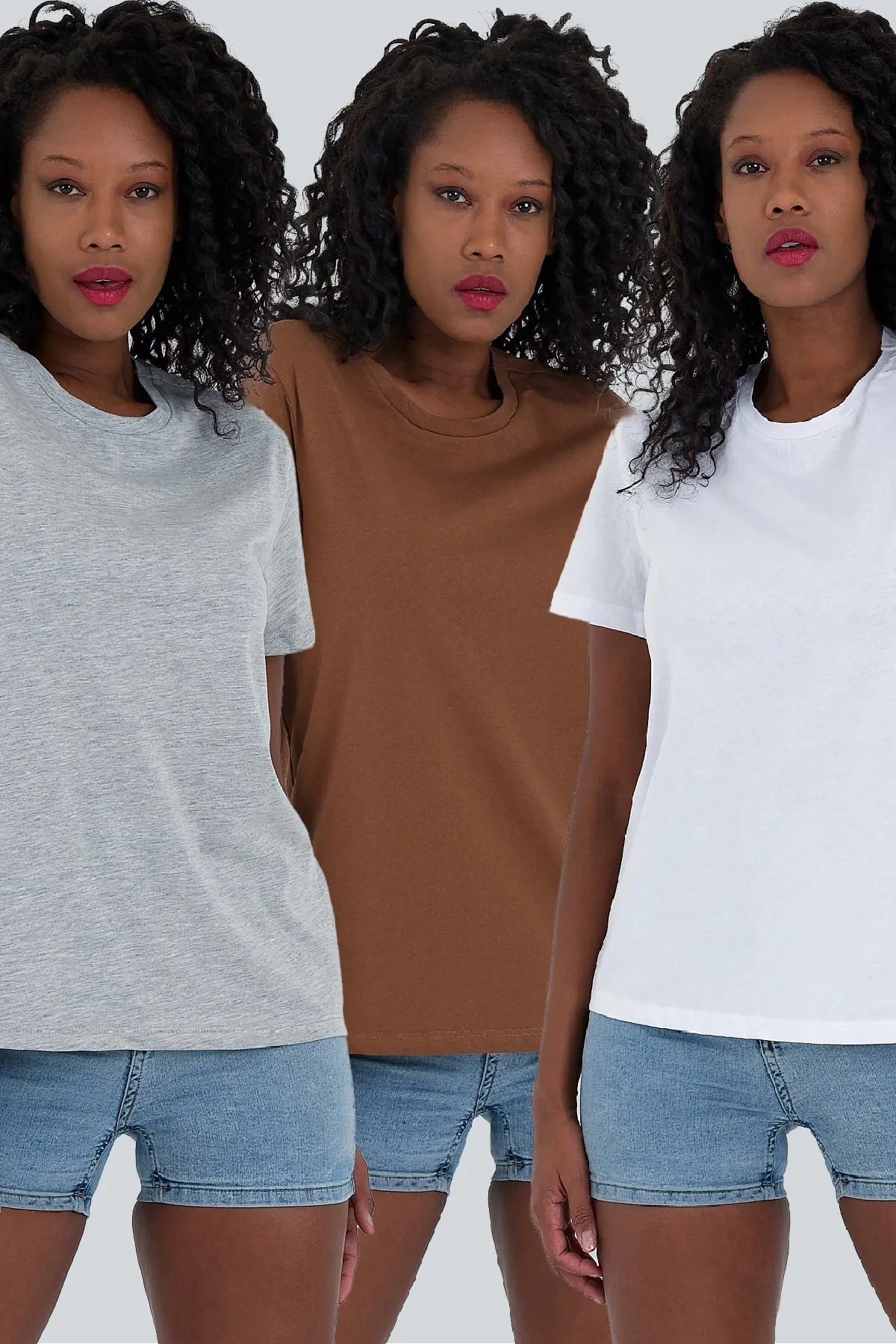 EKİNORA Kadın Gri-Kahve-Siyah Oversize 3'lü T-Shirt