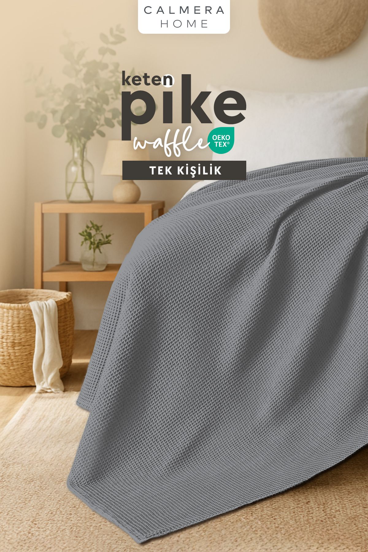Calmera Keten Tek Kişilik Waffle Pike | Yatak & Koltuk Örtüsü - Şal | Premium Pamuk - Yazlık | Koyu Gri