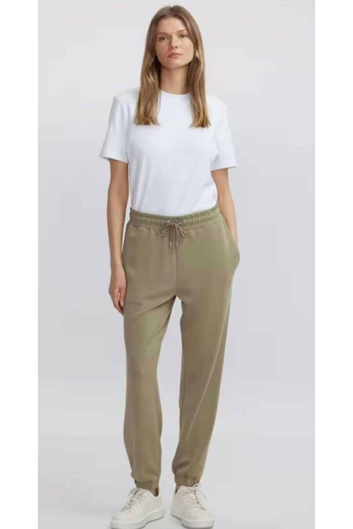 MODA Kadın Krep Kumaş Beli Lastikli Paça Manşetli Pantolon