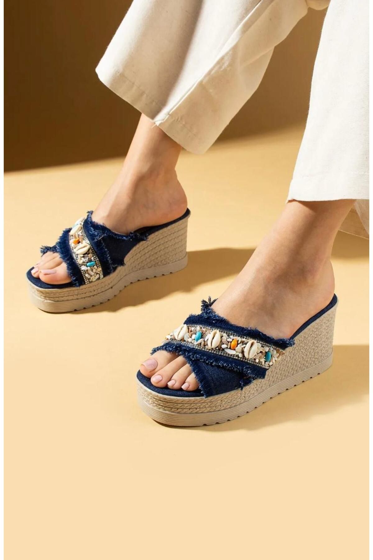 lady luvy by berkbay Kadın Keten Kalın Dolgu Topuk Poli Rahat Taban Casual Terlik