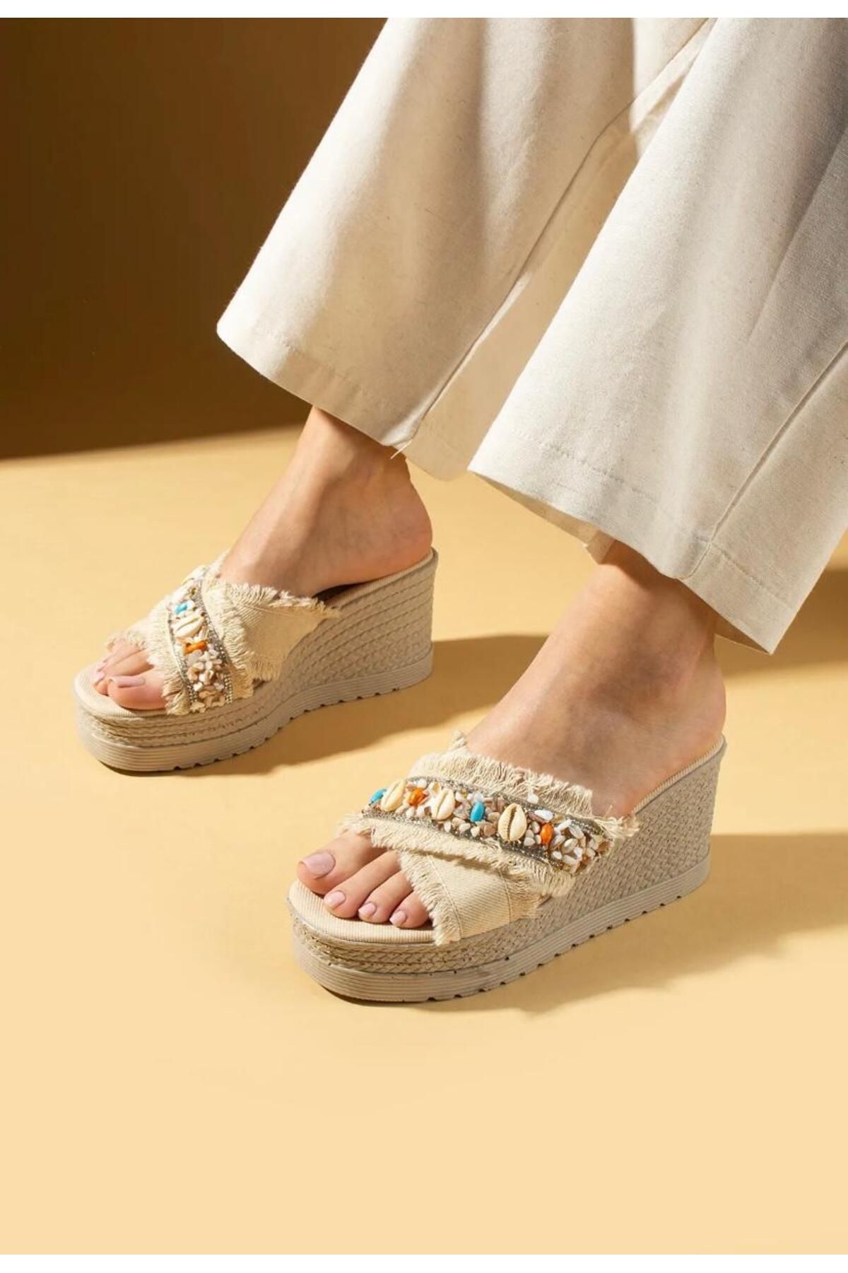 lady luvy by berkbay Kadın Keten Kalın Dolgu Topuk Poli Rahat Taban Casual Terlik