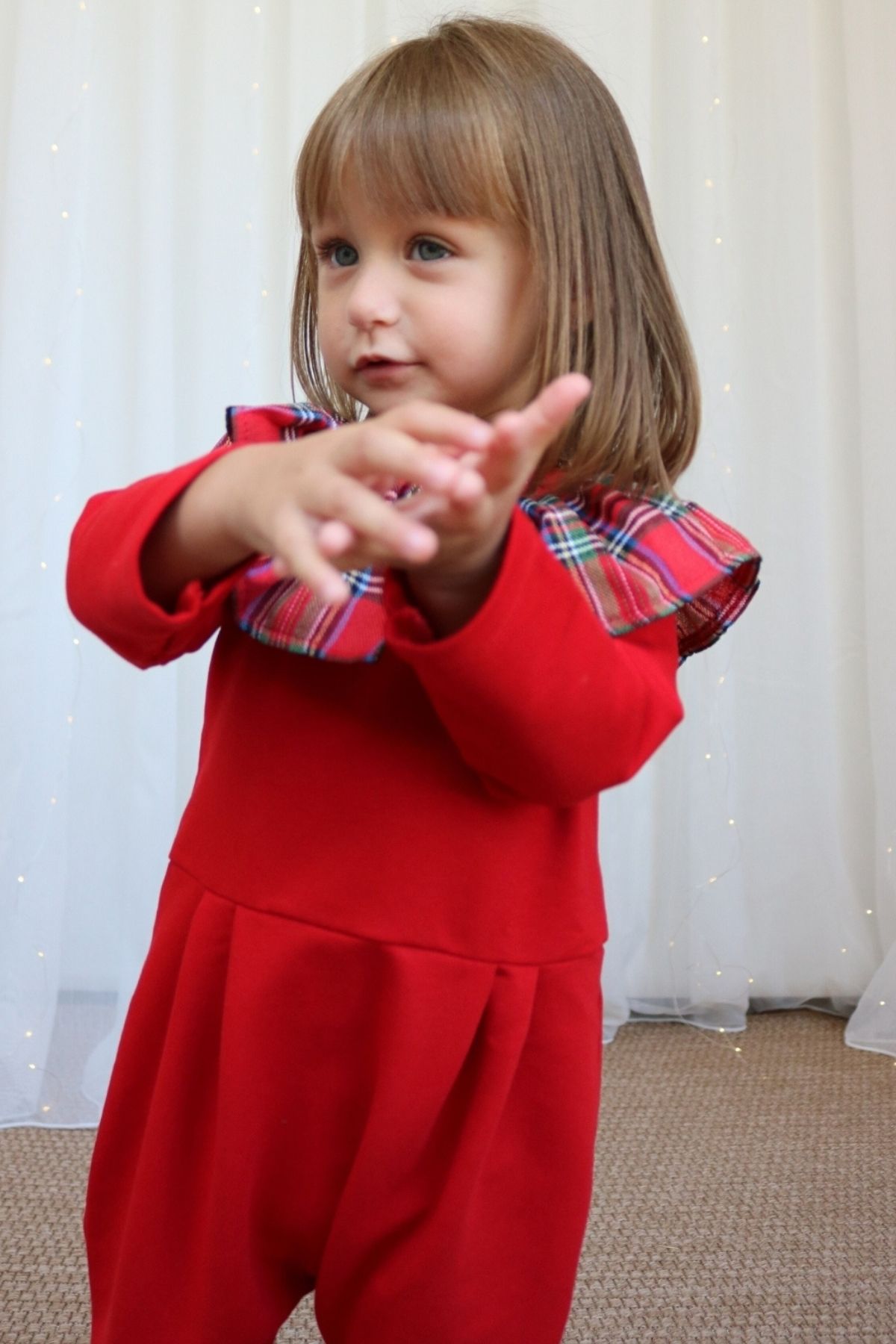 Parla Kids-Girl's Red Plaid Collared New Year's Jumpsuit Salopet 6