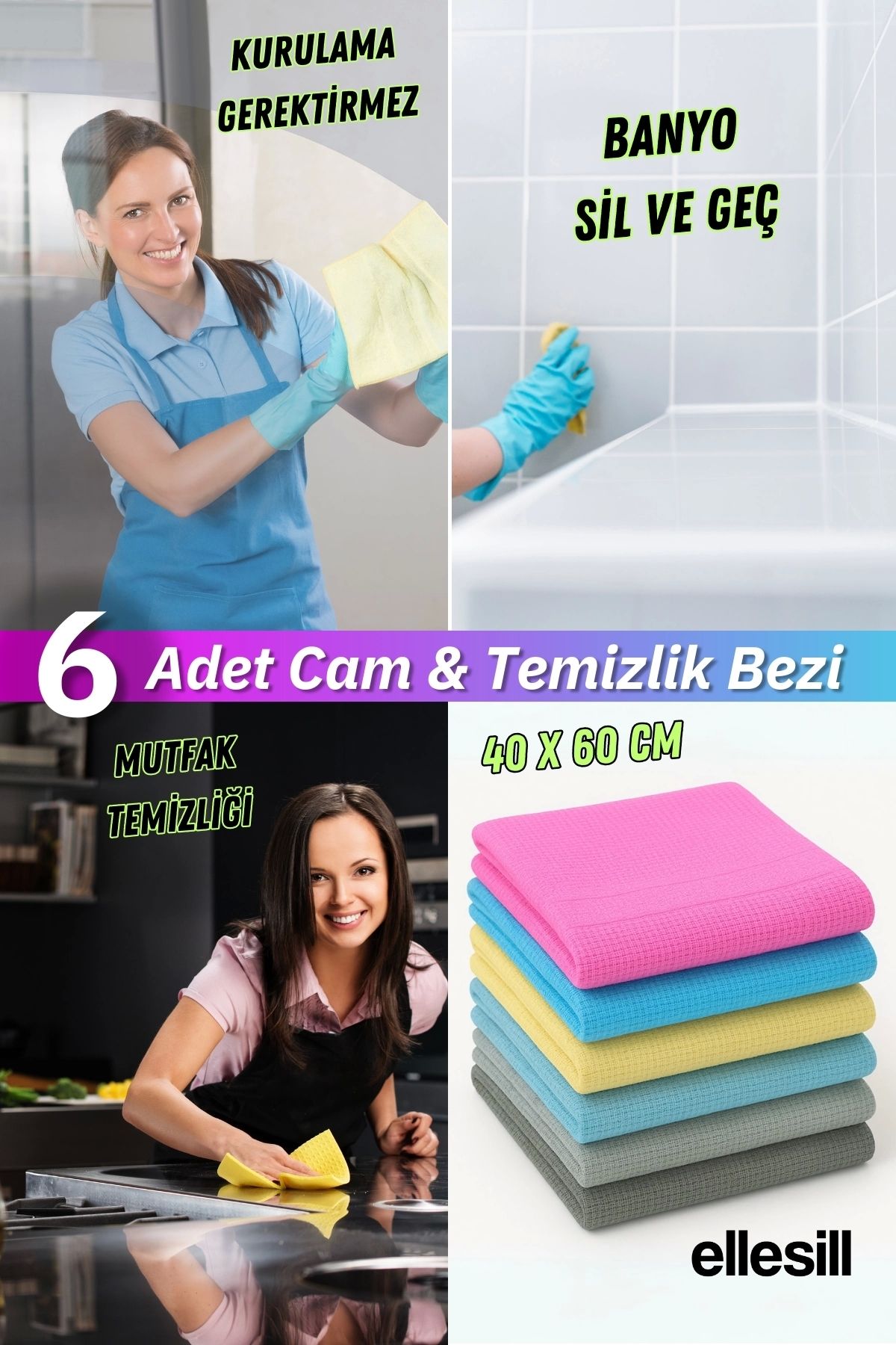 Ellesill 6 Adet Cam Bezi Ve Temizlik Bezi 40x60 Cm - (2 PAKET)