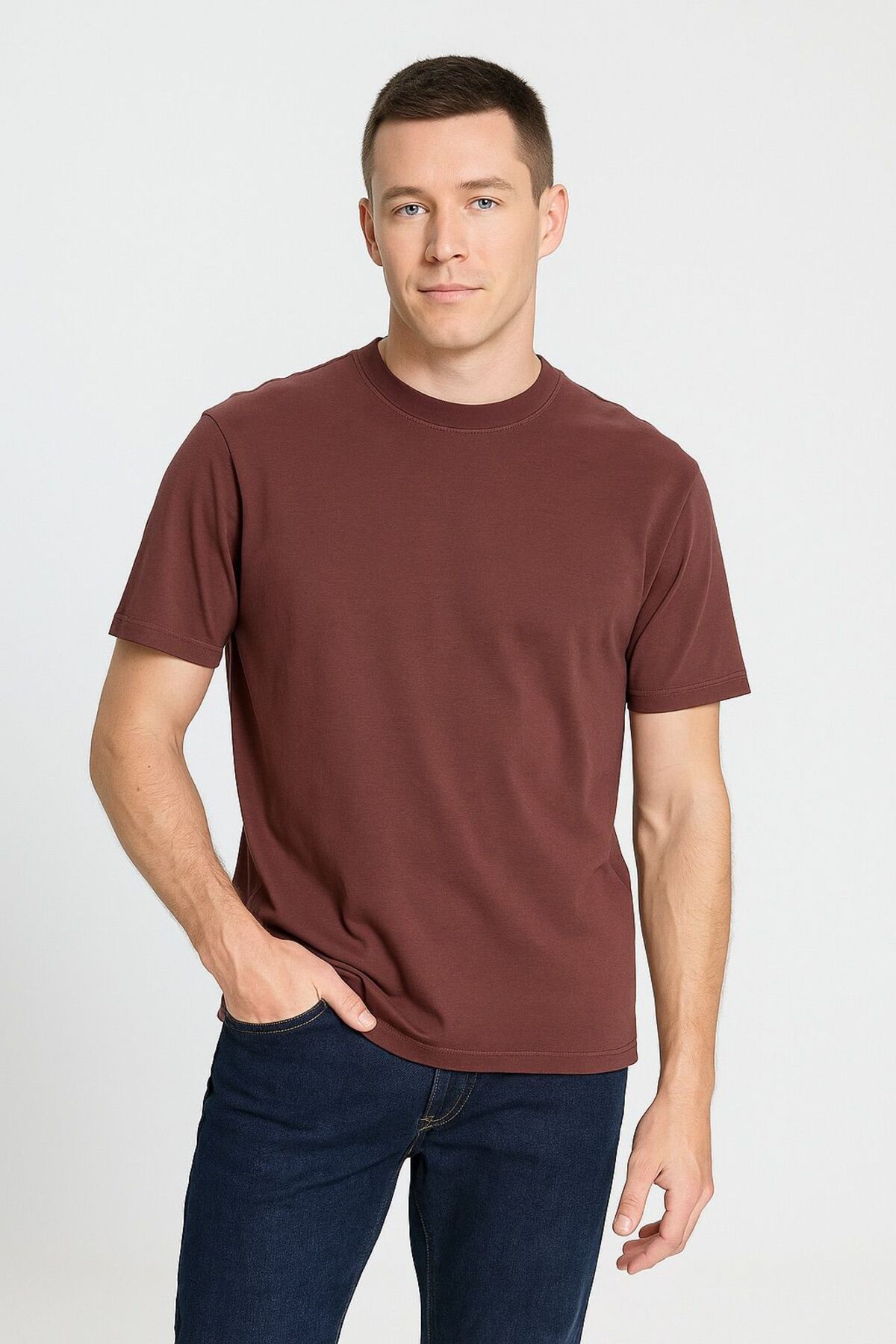 VORİAS ERKEK BORDO RELAXED FİT FLAMLI PAMUK SÜPREM TSHIRT