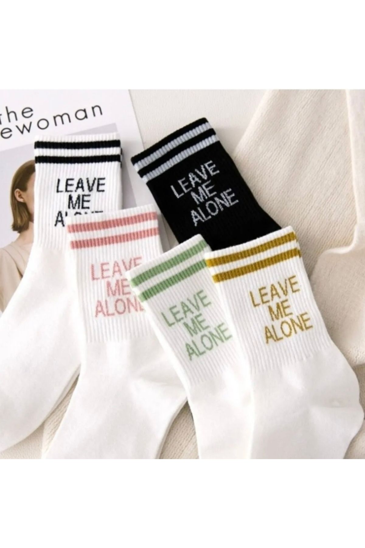 Bestrend 5’li Unisex Kolej Çorap Leave Me Alone Desenli