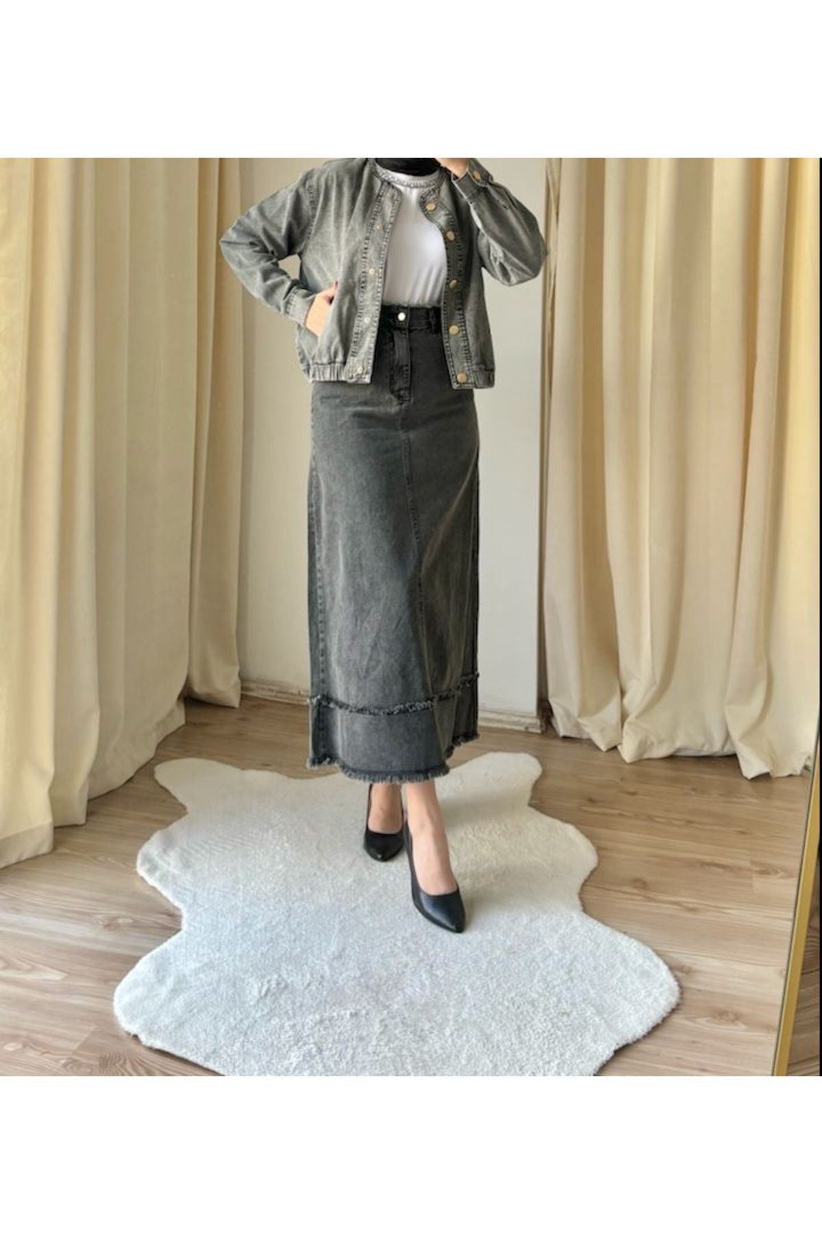Suede Style 9028 - Beli Düğmeli Kadın Kot Etek