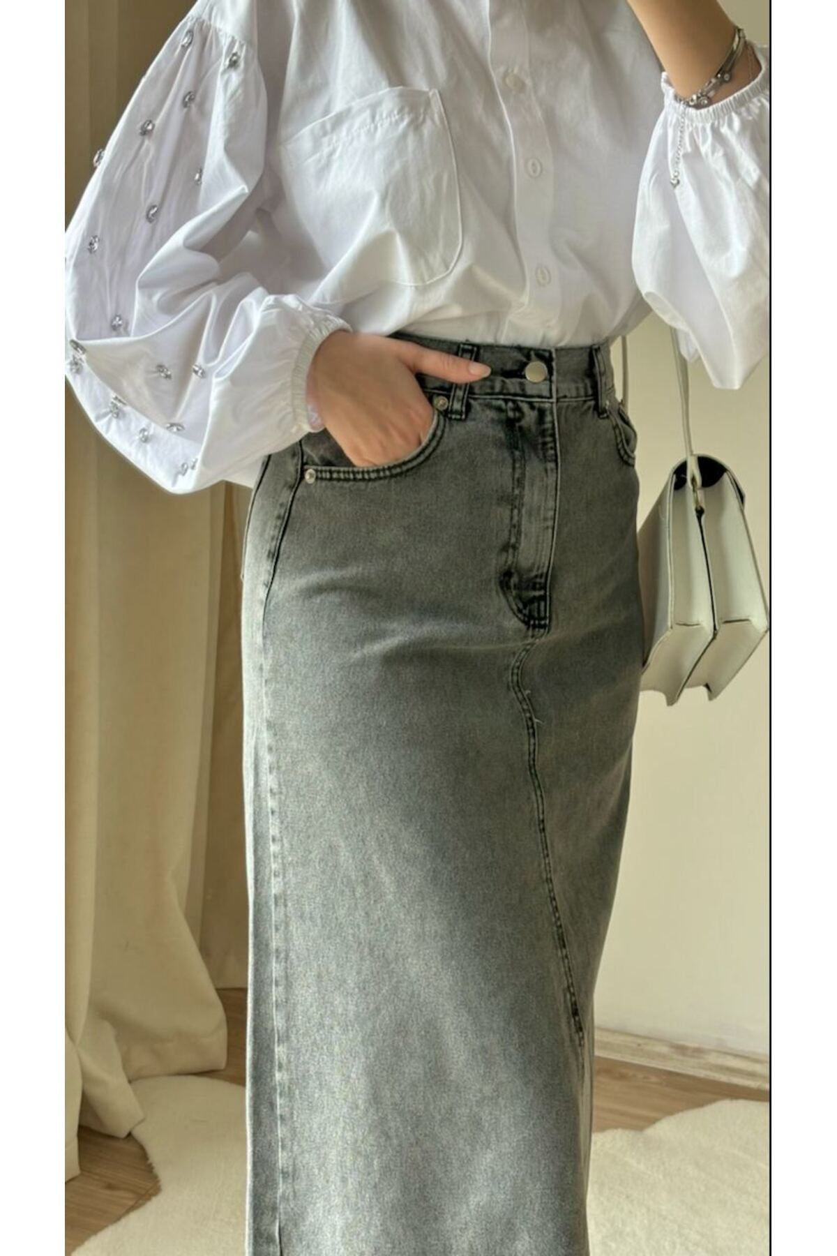 Suede Style 8815 - Rahat Şık Bel Düğmeli Kadın Kot Etek