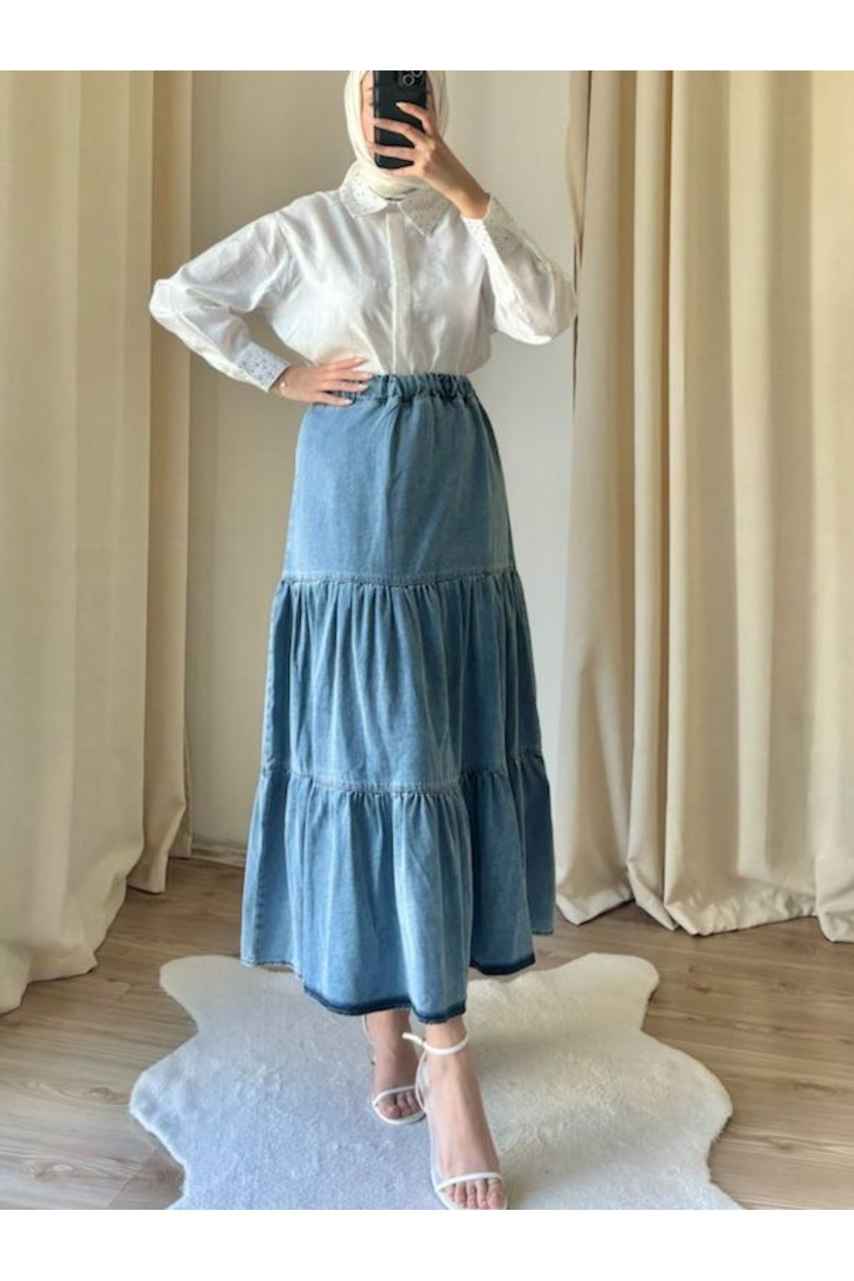 Suede Style 9131 - Rahat Şık Bel Lastikli Fırfırlı Kadın Kot Etek
