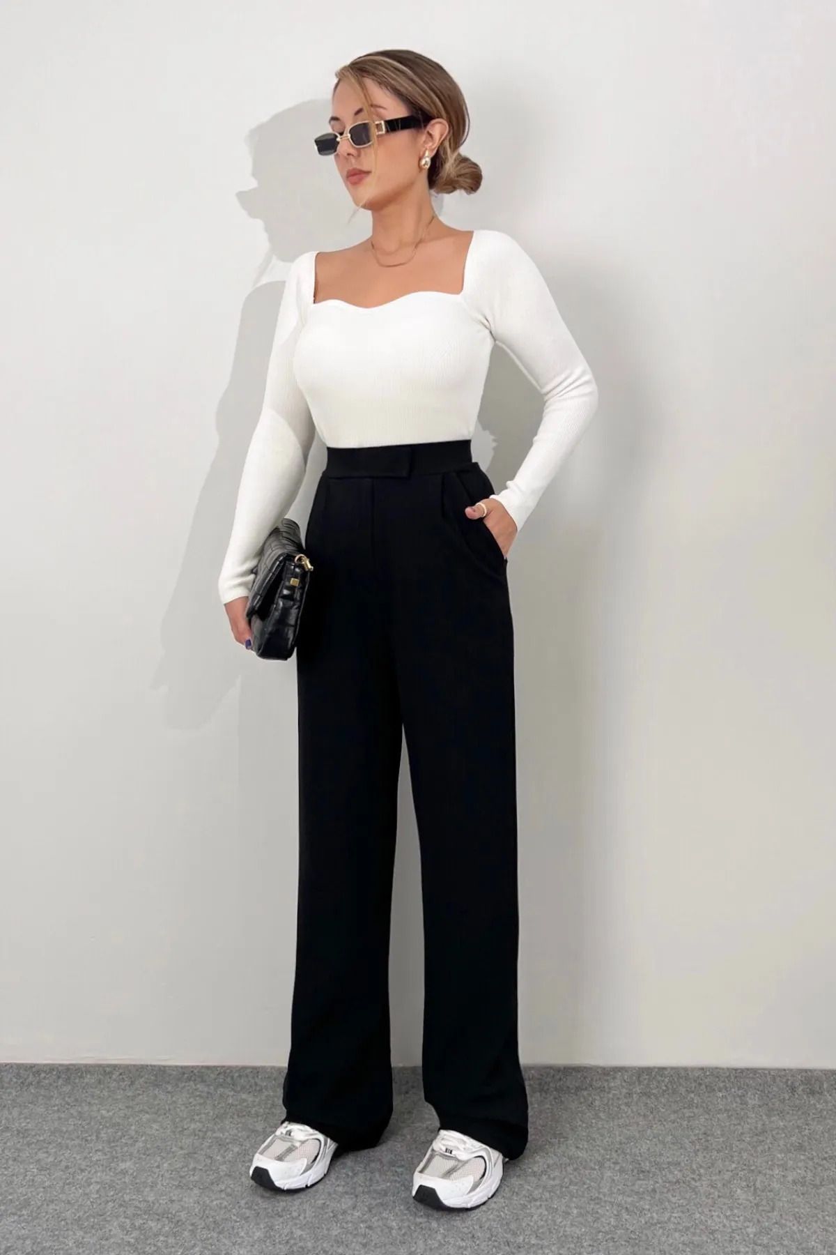 FUSİON AND WEAR Kadın Likralı Cırt Kapama Siyah Palazzo Pantolo
