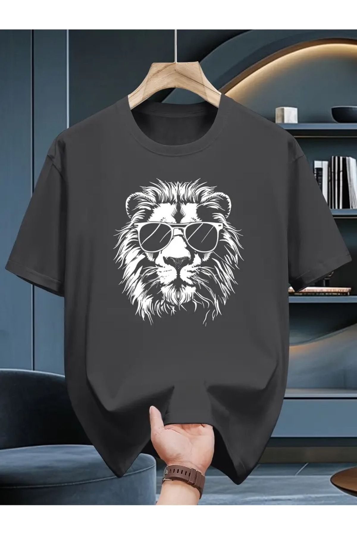 WOODROFFE Erkek Gözlüklü Aslan Baskılı T-shirt Oversize Salaş Boyfirend
