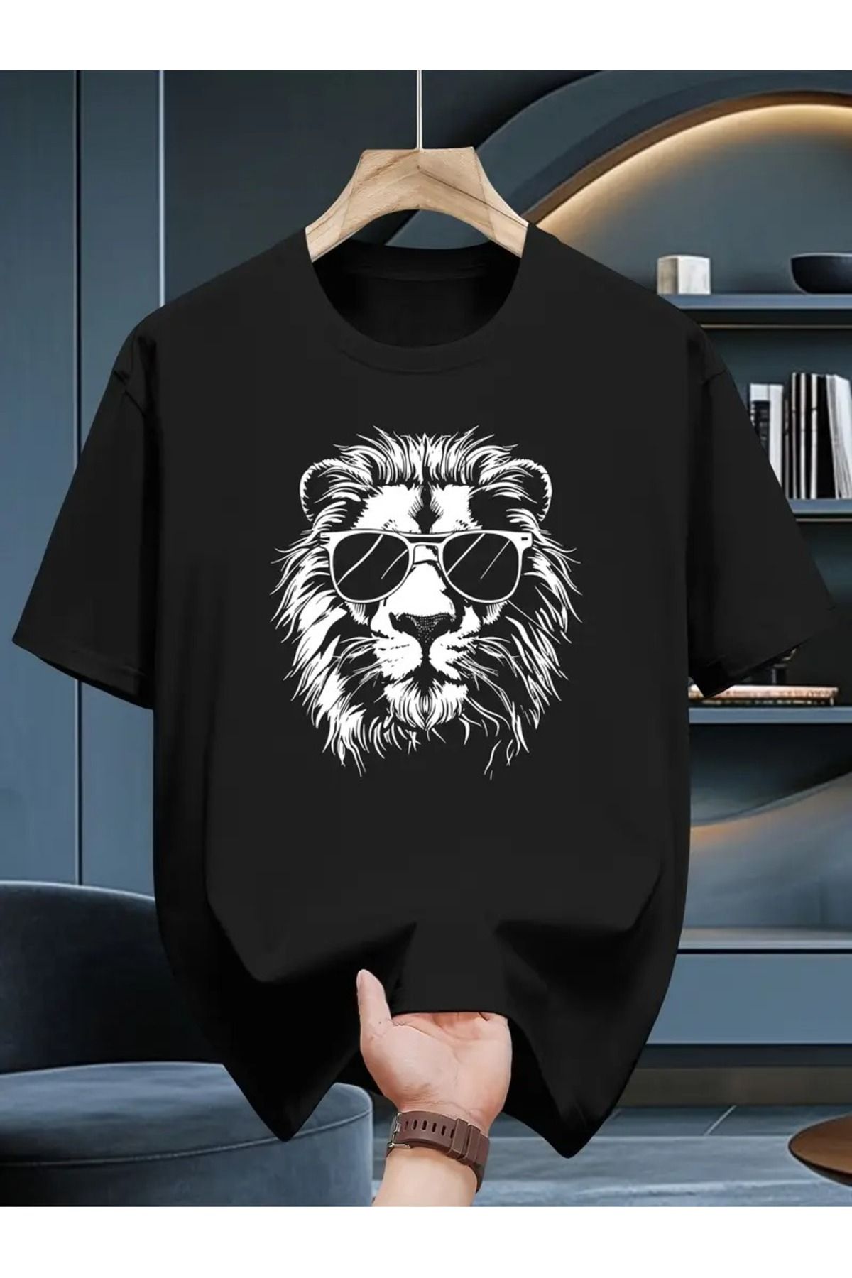 WOODROFFE Erkek Gözlüklü Aslan Baskılı T-shirt Oversize Salaş Boyfirend