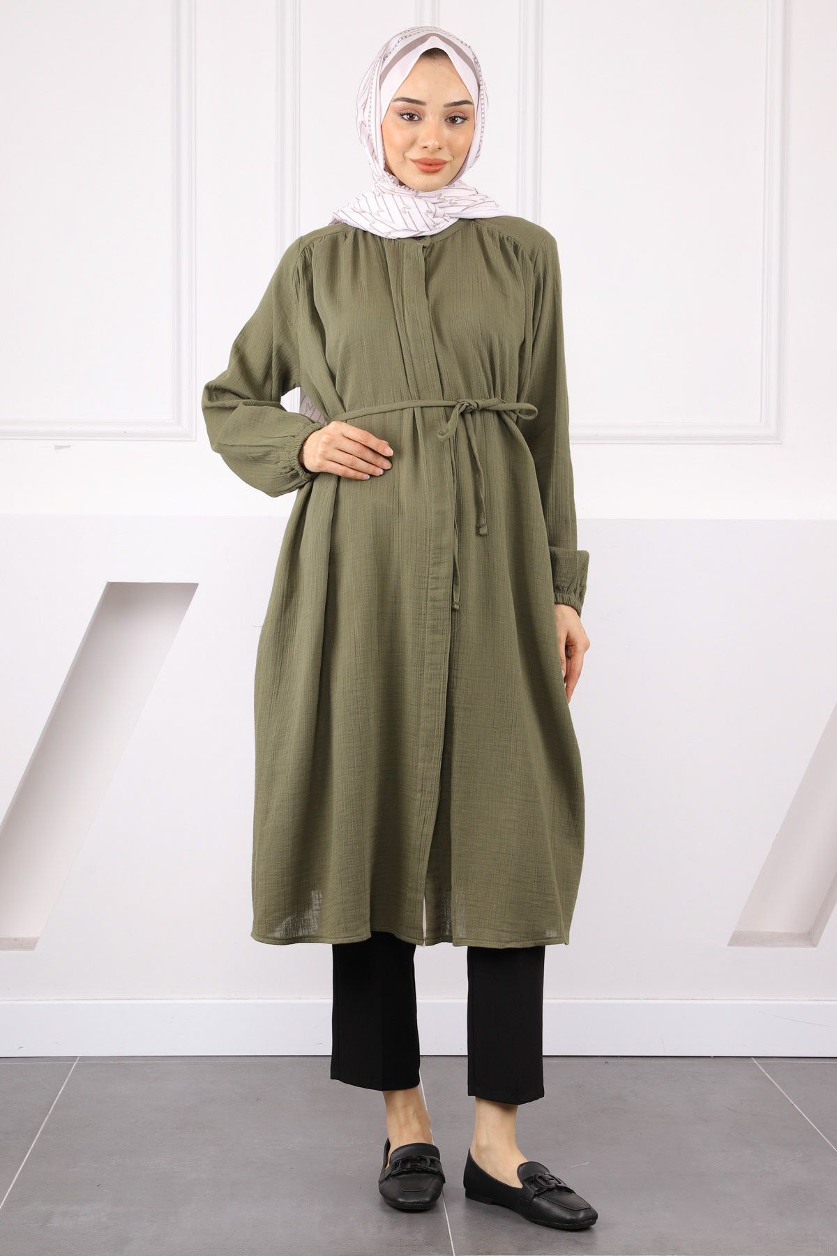 İmajButik Haki Bel İpli Müslin Keten Tunik