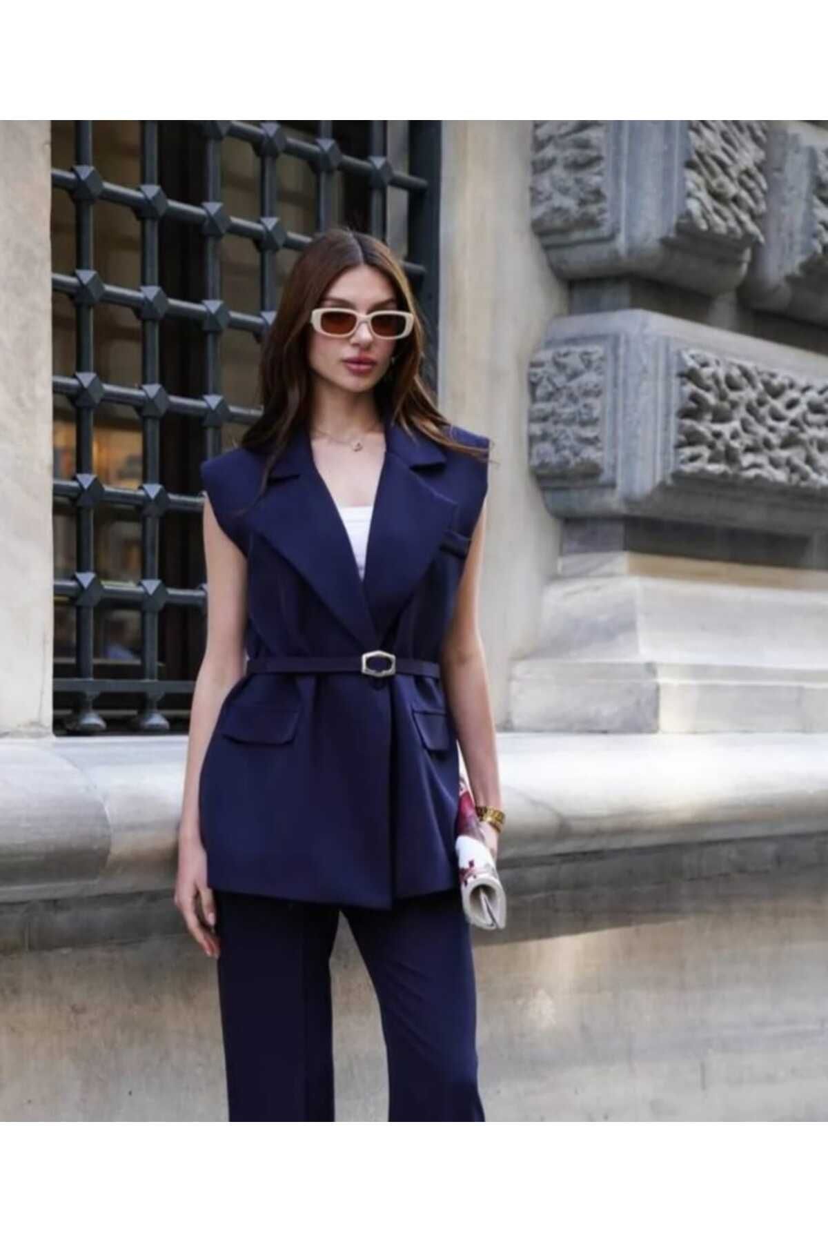 MissPul Blazer Kemerli Astarlı Düğmeli Ceket Yelek