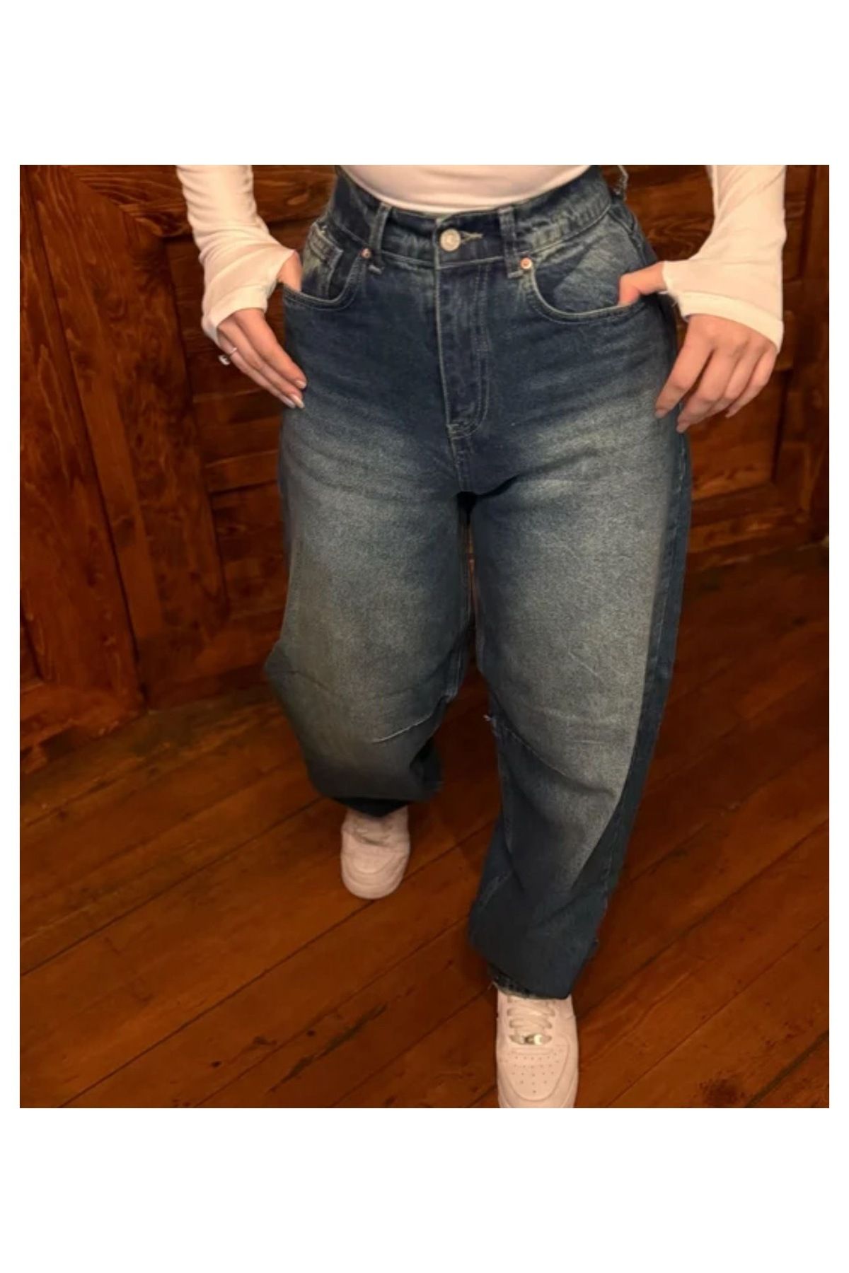 Style Beli Ayarlanabilir Tokalı Taşlanmış Mavi Baggy Jeans