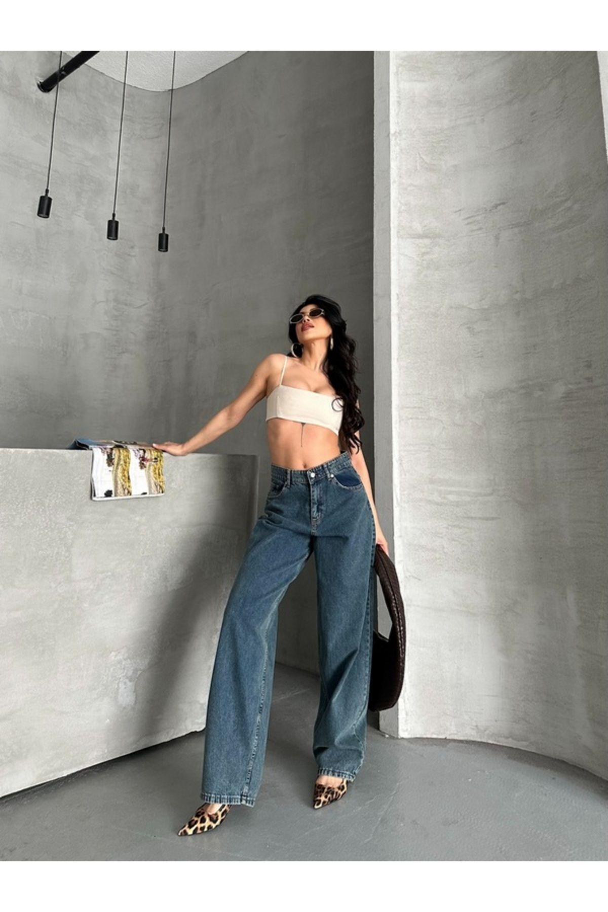 DESTEMODA Kadın Kot Baggy Jeans Denim Pantolon Kar Yıkama Yeşil Tint 4000
