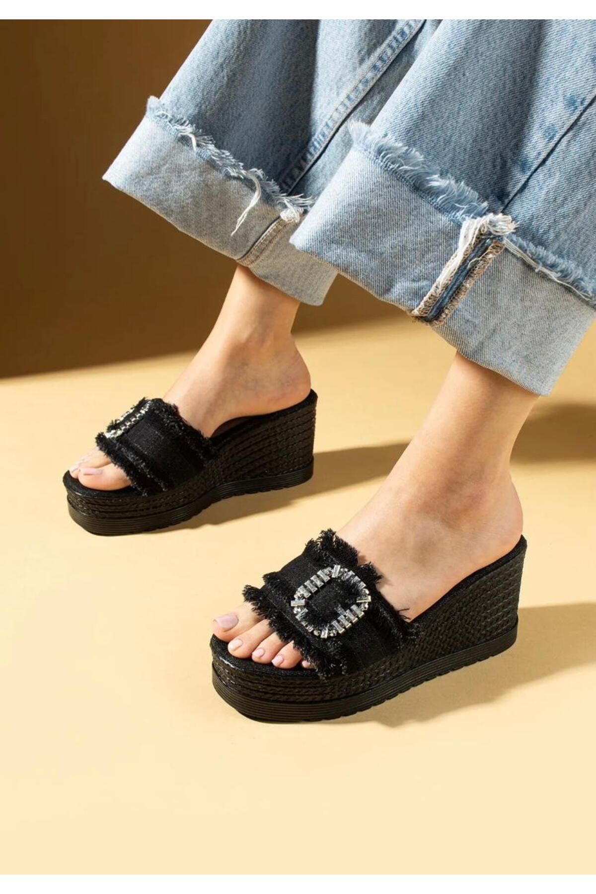 lady luvy by berkbay Kadın Keten Kalın Dolgu Topuk Poli Rahat Taban Casual Terlik