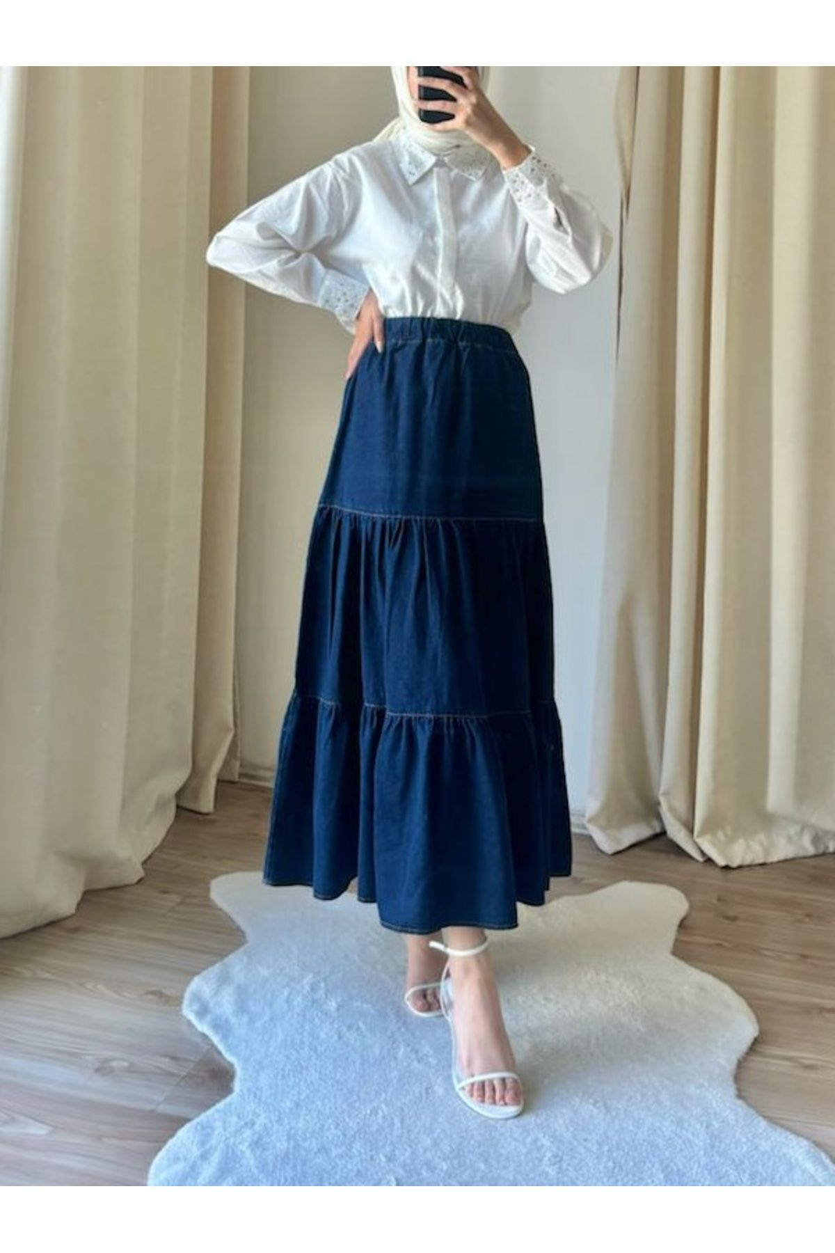 Suede Style 9131 - Rahat Şık Bel Lastikli Fırfırlı Kadın Kot Etek