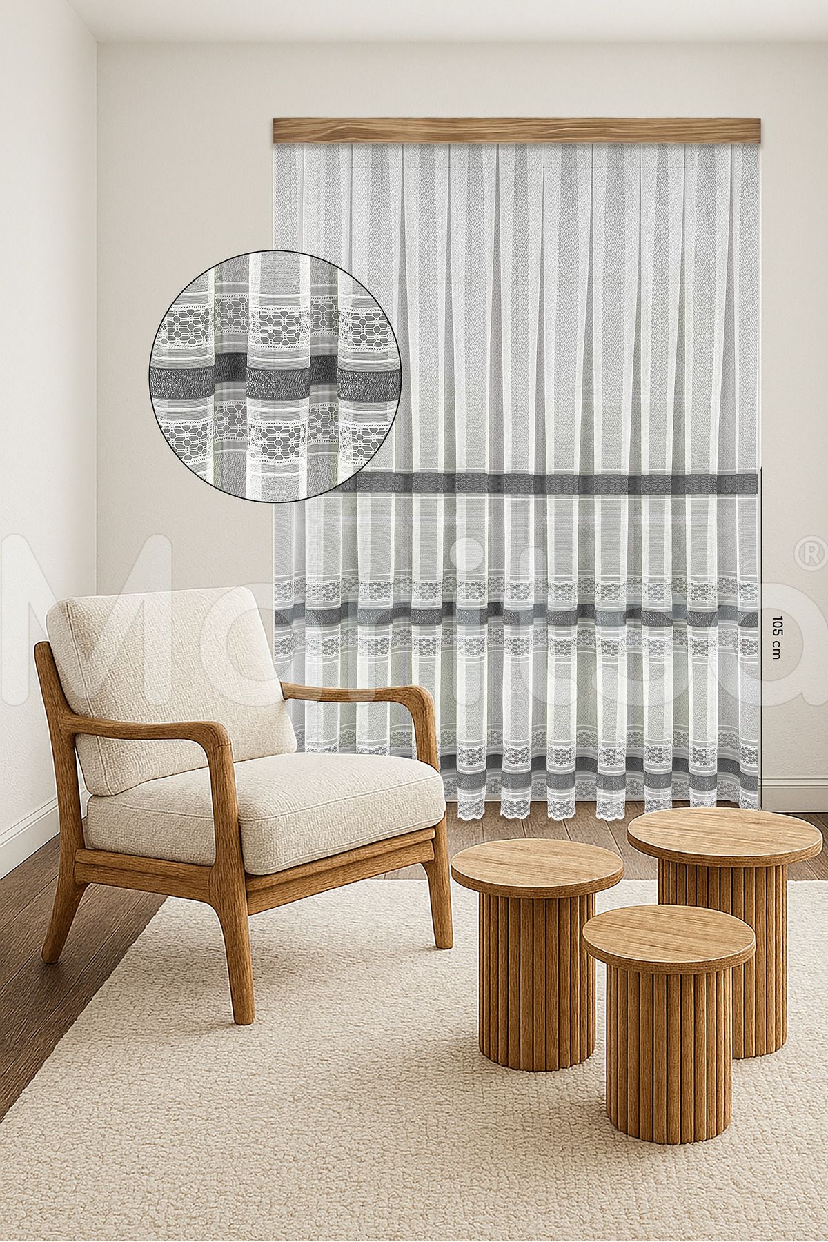 MARİTSA Tül Perde - Örme Serisi Modern Klasik Gri Dantel Detaylı Serena Desen Beyaz Sık Pile(1x3) Curtain