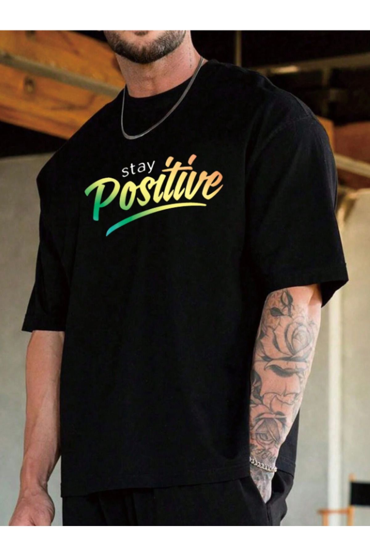 ELNOYA Yazlık Pozitif Enerji Siyah Tişört - Stay Positive ( KIZ / ERKEK )