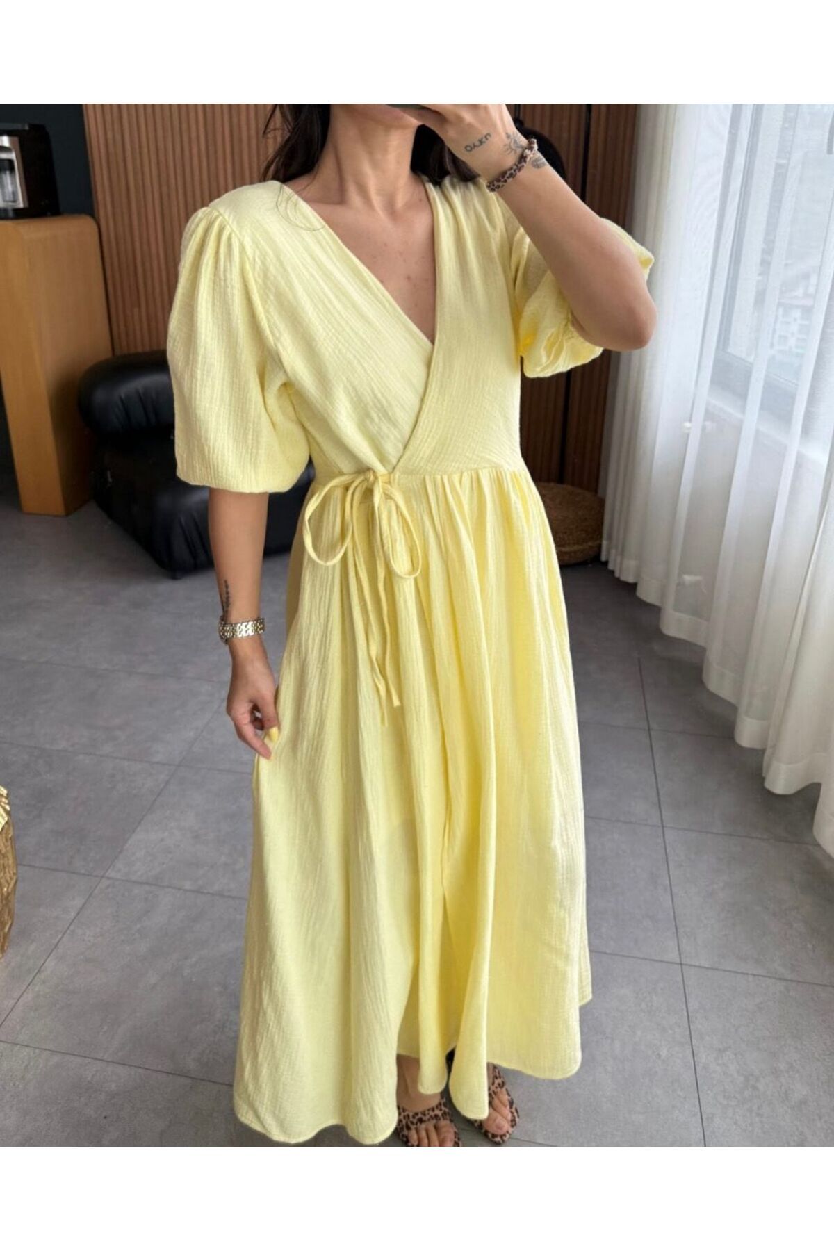 Butik Balon kol müslin kumaş elbise