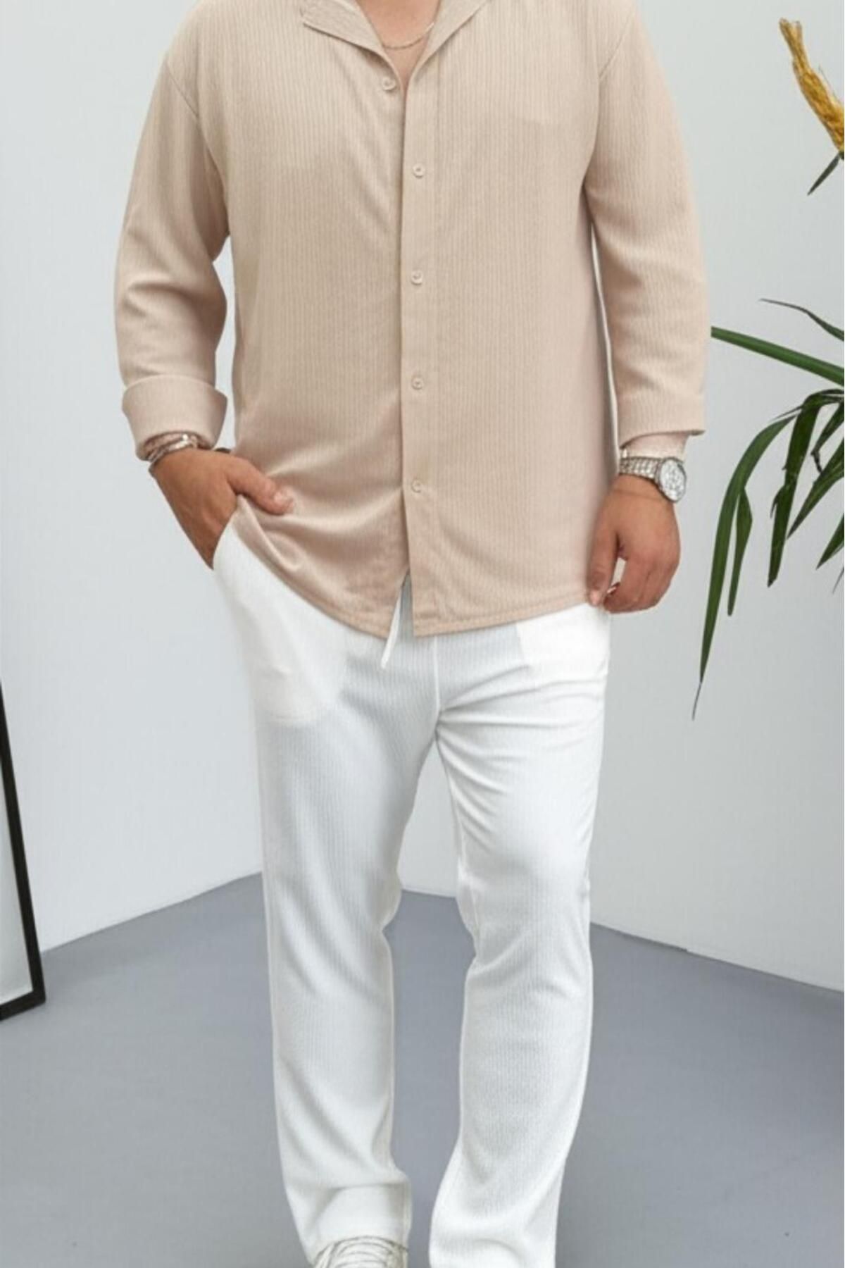 NO 601 Erkek Bej Bürümcük Gömlek Beyaz Pantalon Takım