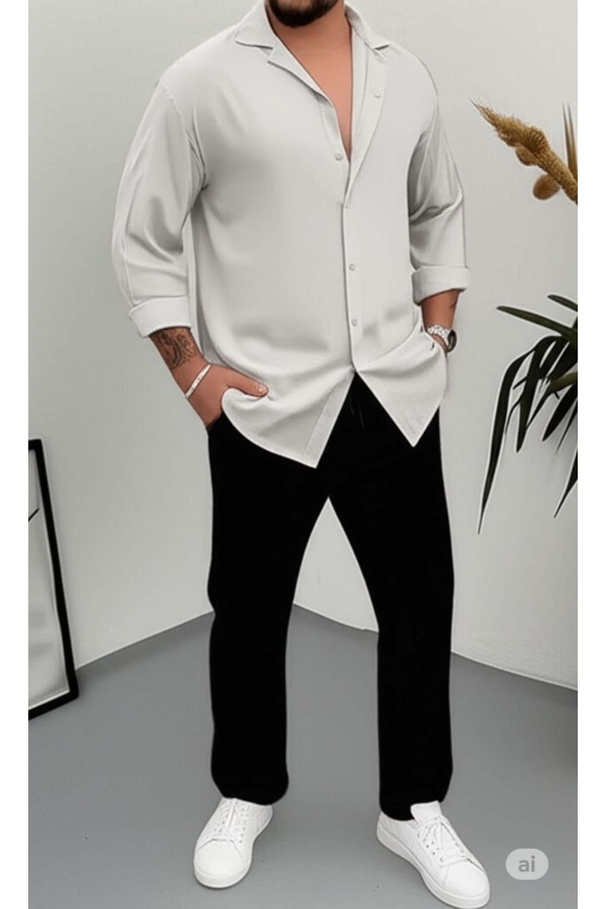 NO 601 Erkek Gri Bürümcük Gömlek Siyah Pantalon Takım