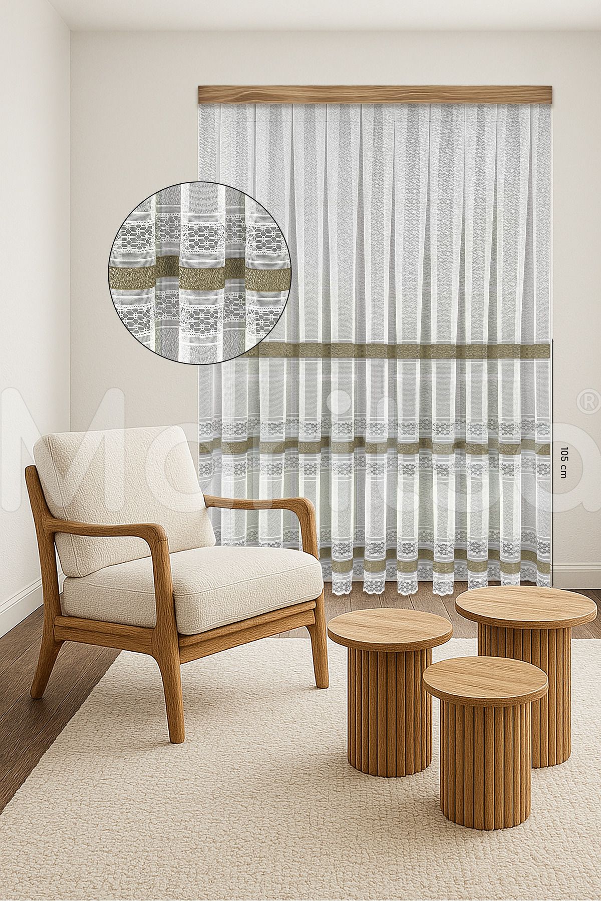 MARİTSA Tül Perde - Örme Serisi Modern Klasik Gold Dantel Detaylı Serena Desen Beyaz Sık Pile(1x3) Curtain