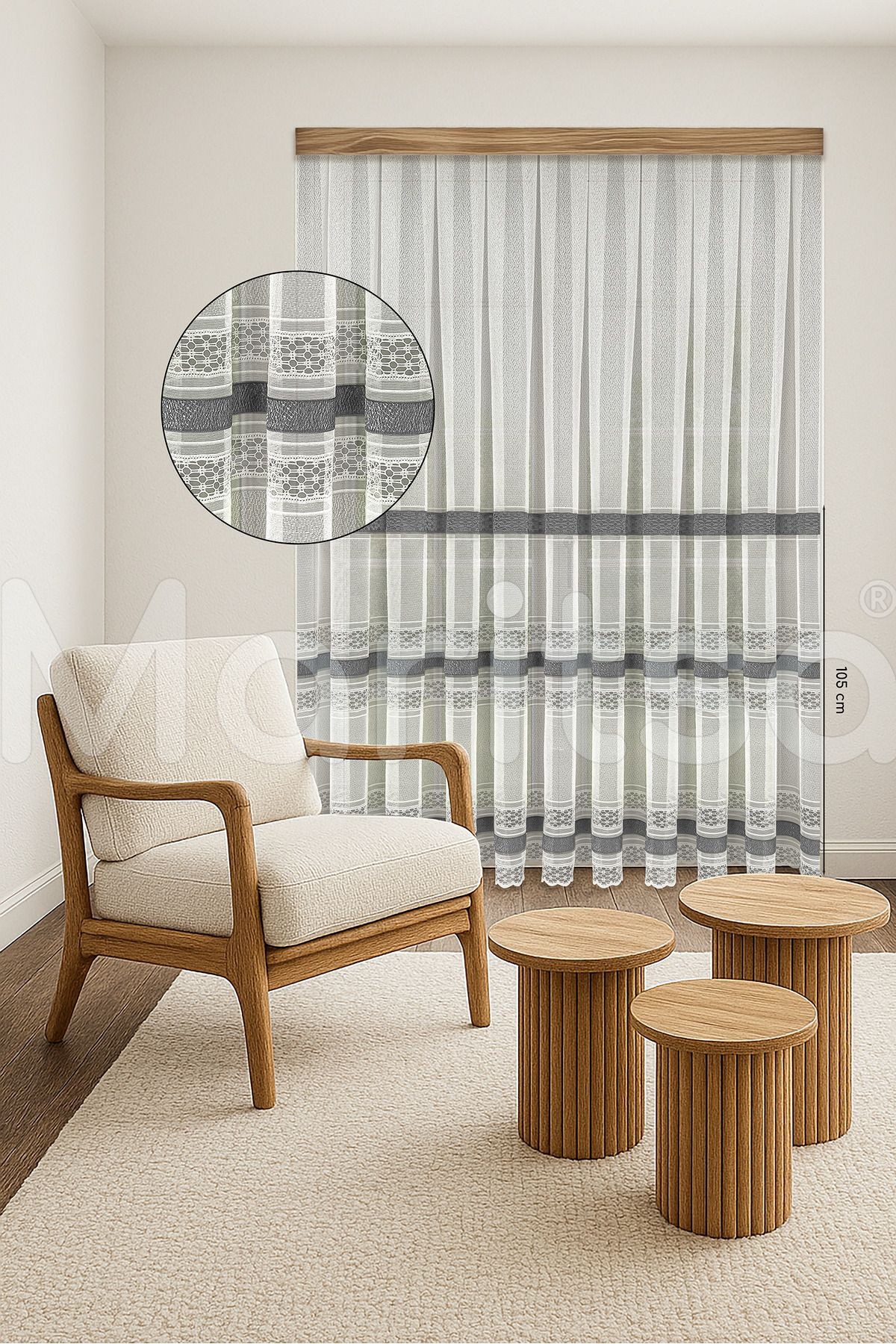 MARİTSA Tül Perde - Örme Serisi Modern Klasik Gri Dantel Detaylı Serena Desen Ekru Sık Pile(1x3) Curtain
