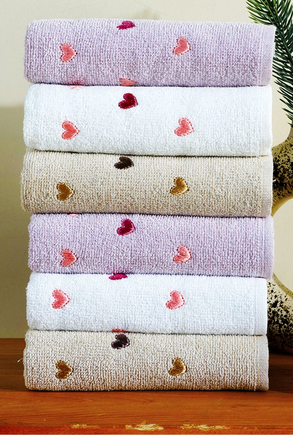 BAMİROSE 50x90 CM 6'LI KALP NAKIŞLI EL & YÜZ ÇEYİZLİK HEDİYELİK HAVLU SETİ