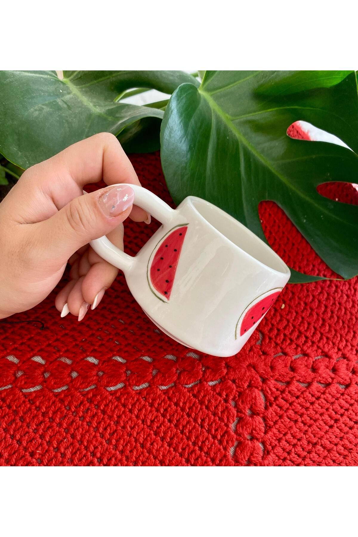 Herdess Seramik El Yapımı Karpuz Desenli Seramik Kupa - 200 ml
