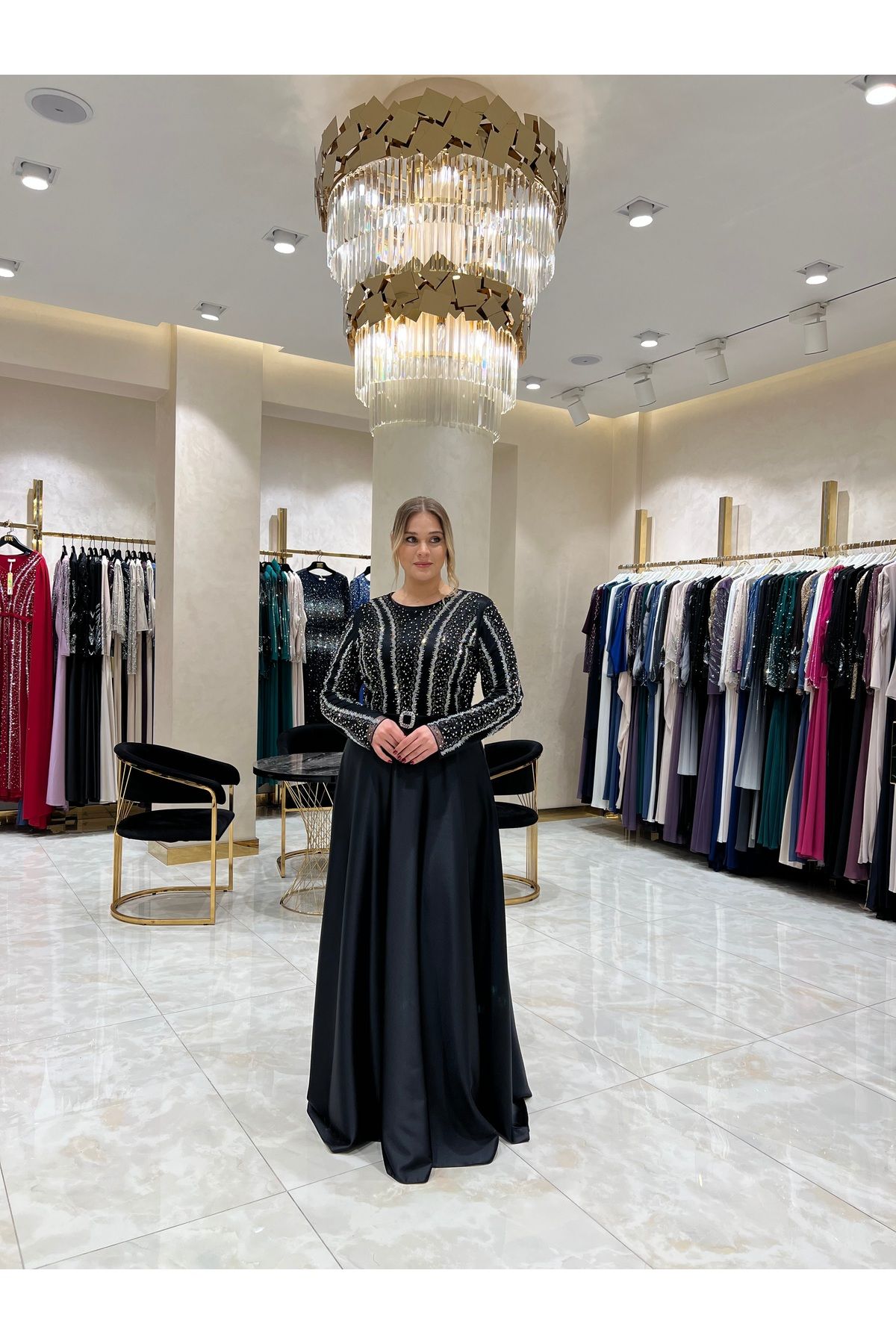 Balerina Taş İşlemeli Tokalı Büyük Beden Saten Abiye Elbise
