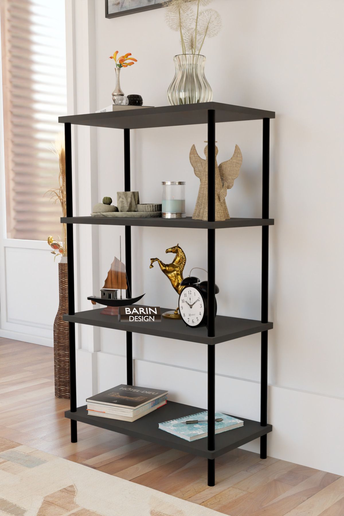 BARIN DESIGN 4 Katlı Çevir-Kur Sistemli Kitaplık Raf Metal Gövdeli Ahşap Raflı Çok Amaçlı Düzenleyici RafÜnitesi