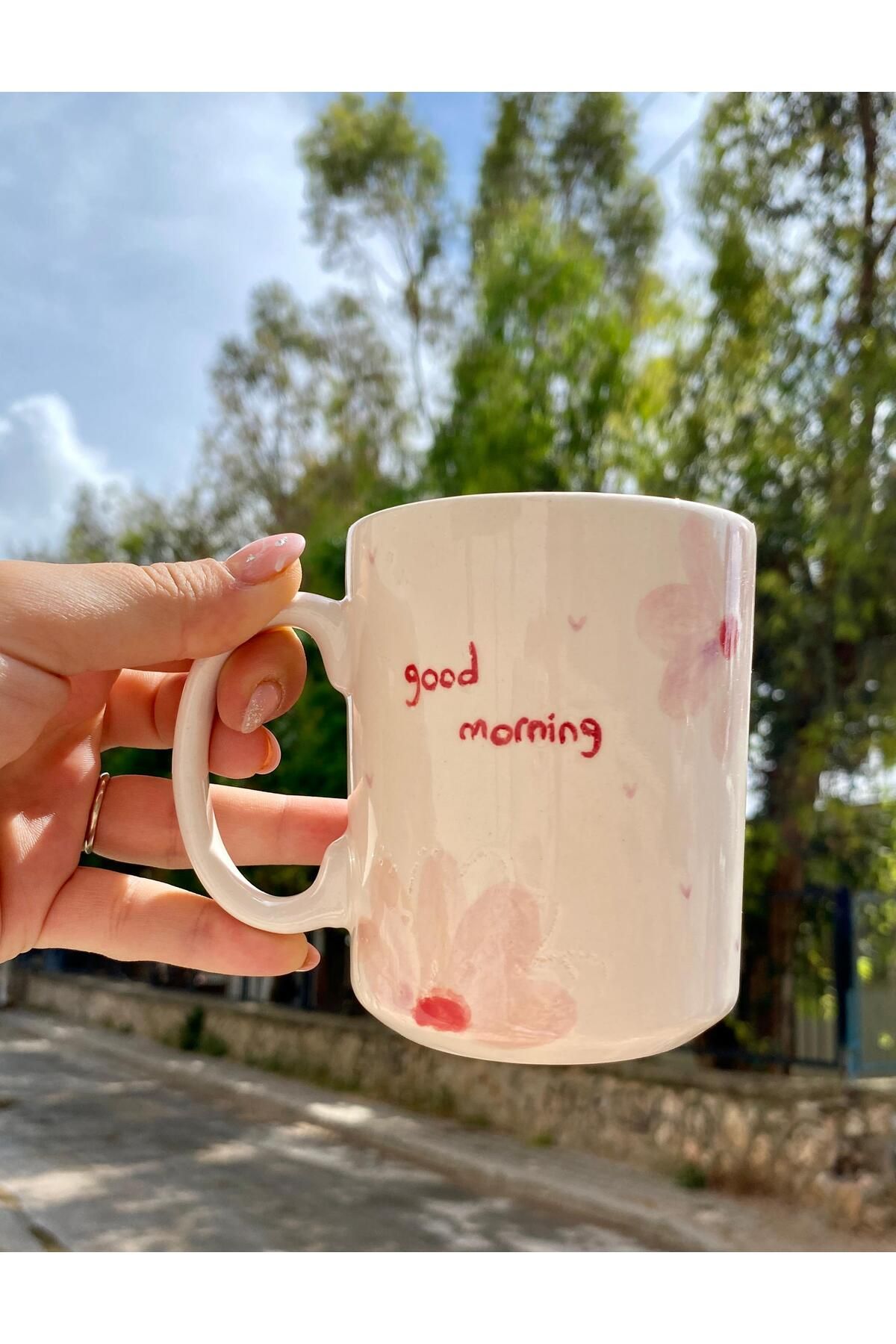 Herdess Seramik El Yapımı Pembe Çiçekli Good Morning Seramik Kupa - 250 ml