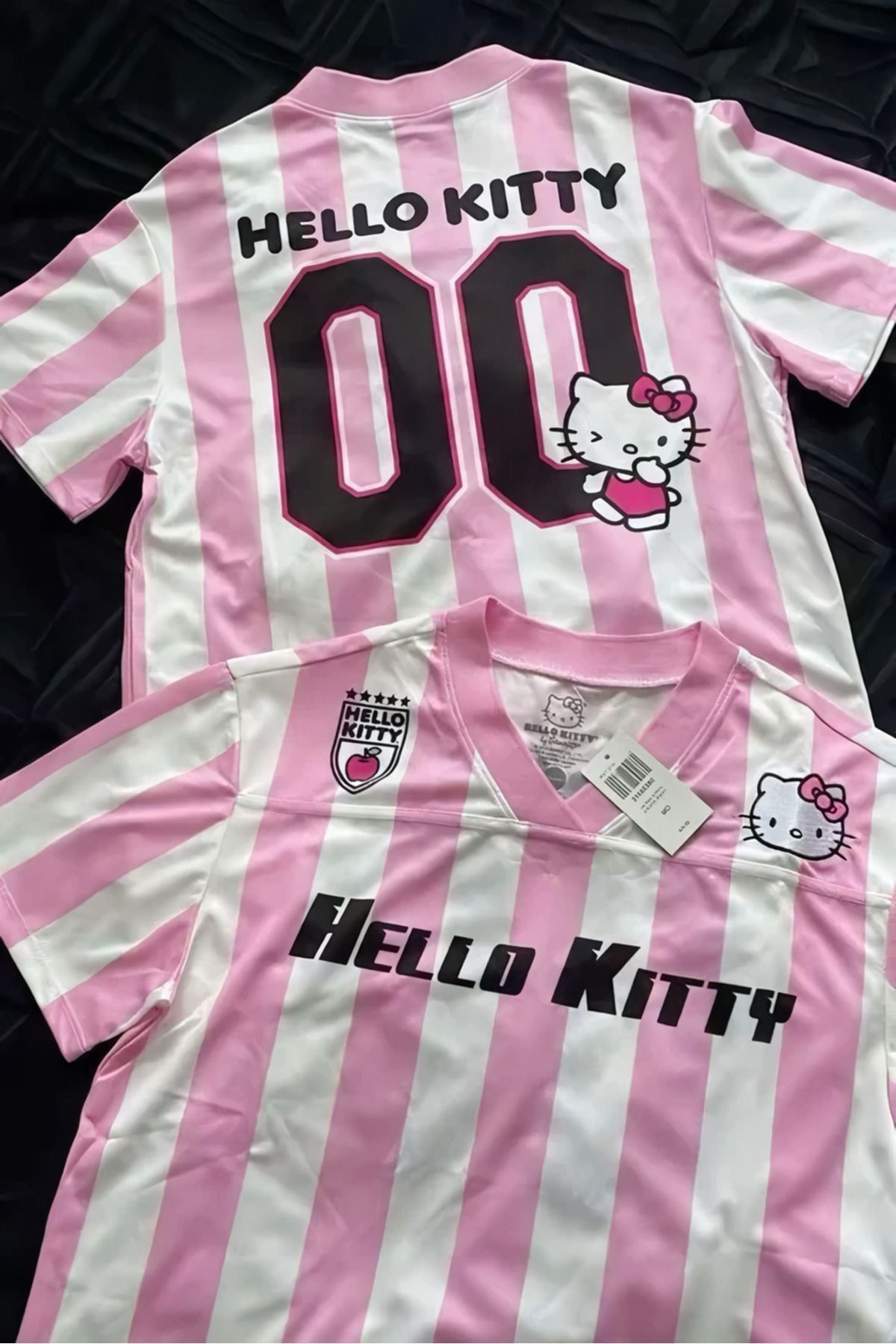 Touz Moda Pembe Beyaz V Yaka Çubuklu Jersey Kitty T-Shirt