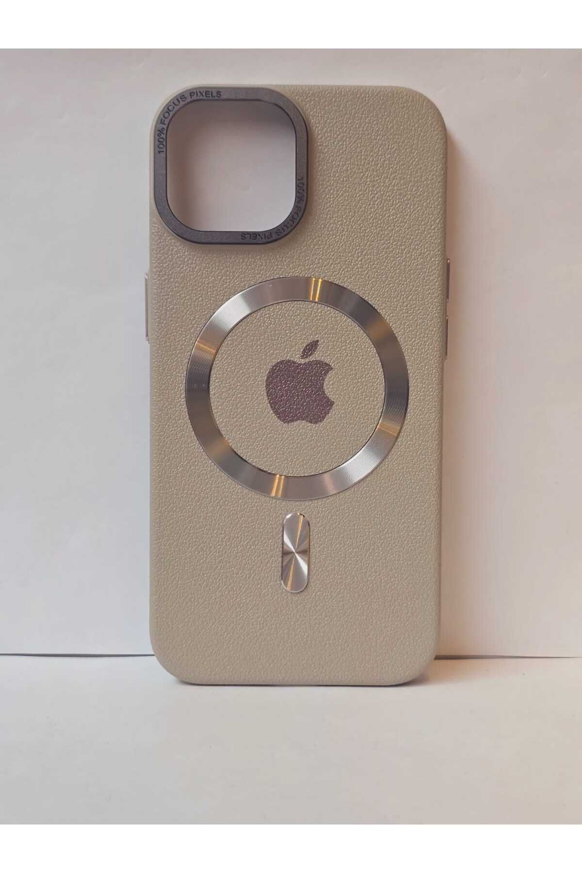 FATÖZ ACCESSORY iPhone 13 / 14 Serisi için Premium MagSafe Uyumlu Beyaz Deri Görünümlü Telefon Kılıfı.