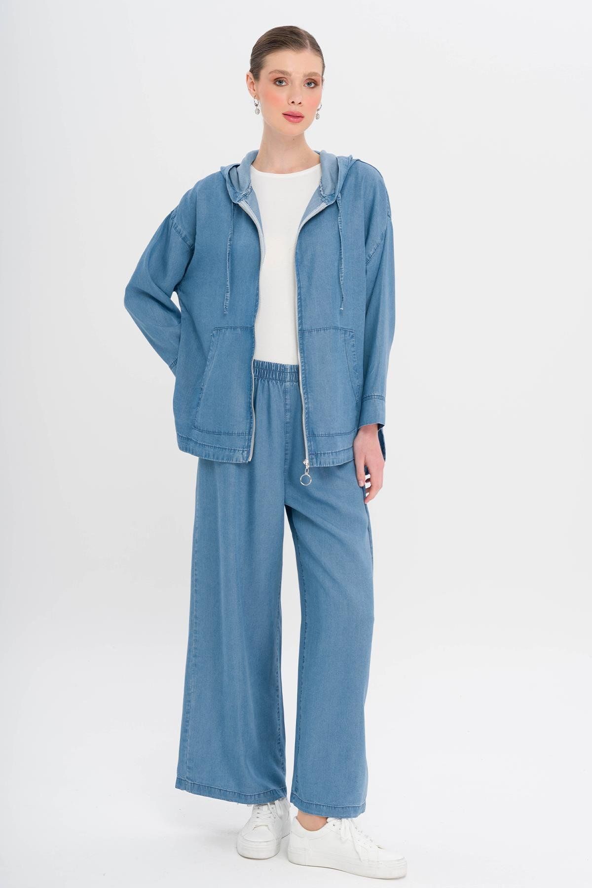 Olcay Kapüşonlu Salaş İnce Denim İkili Takım MAVİ 9345-TK