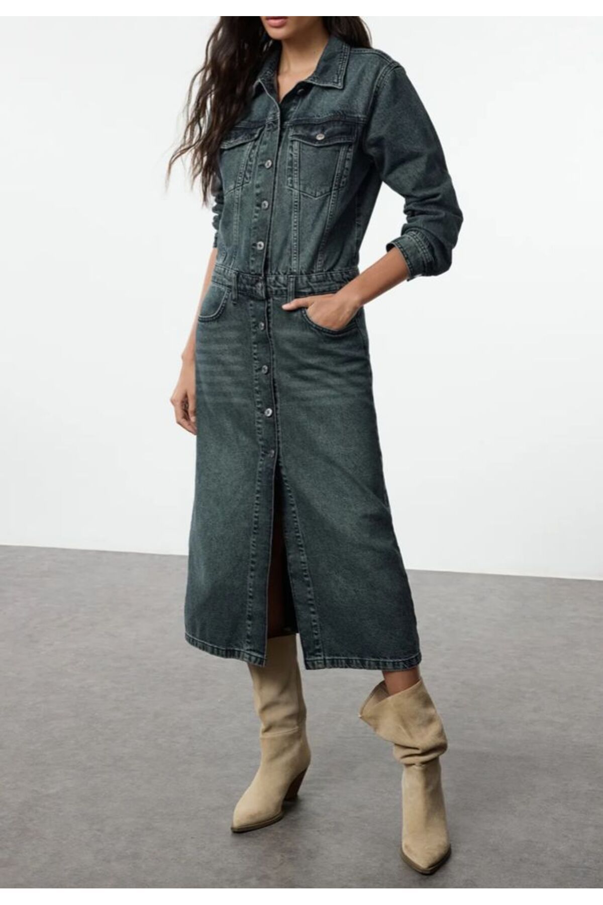 KARACAN COMPANY Kadın Midi Denim Gömlek Elbise
