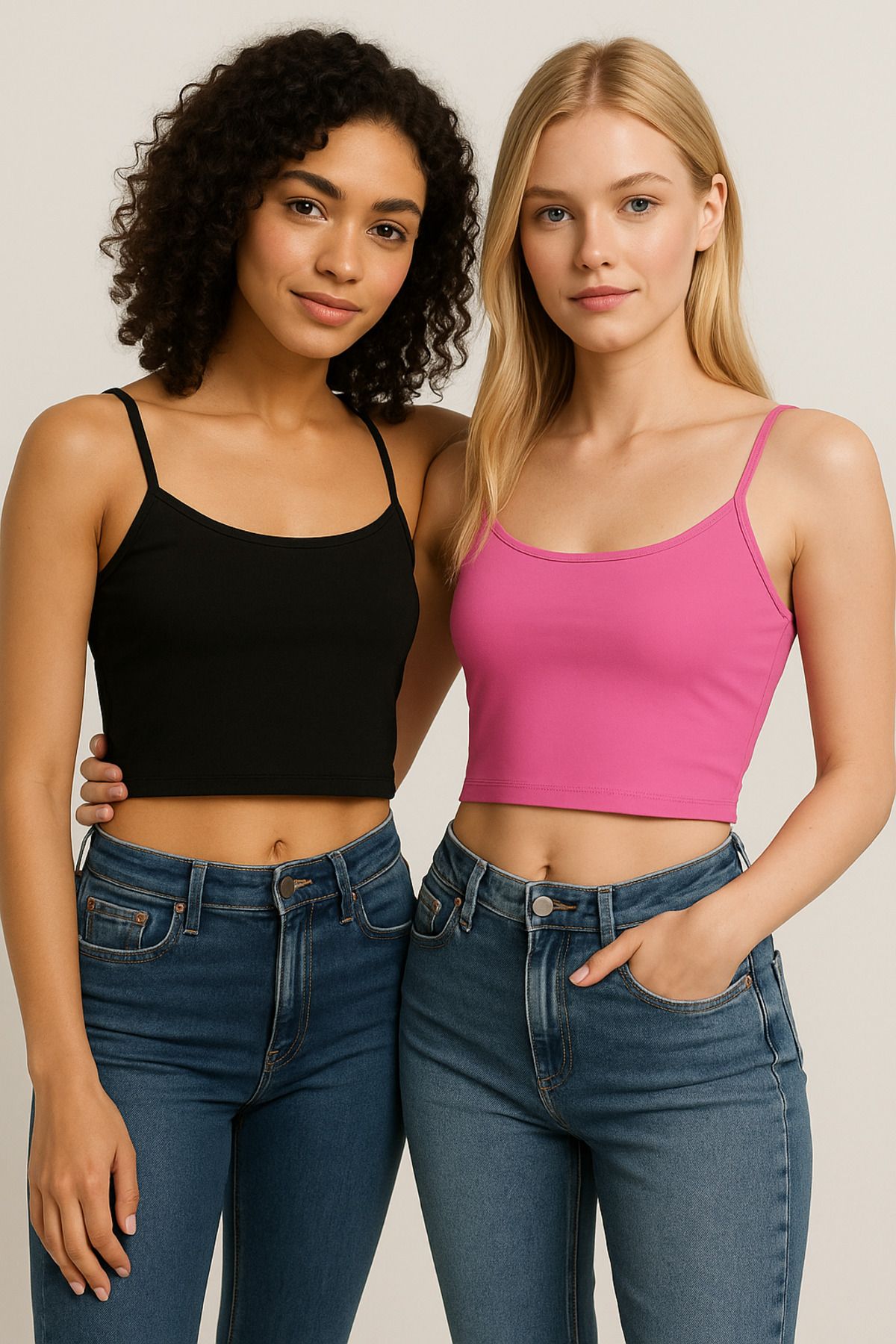Rich Kadın 2'li Paket Pembe Siyah Kısa Crop İp Askılı Krop Bluz Büstiyer