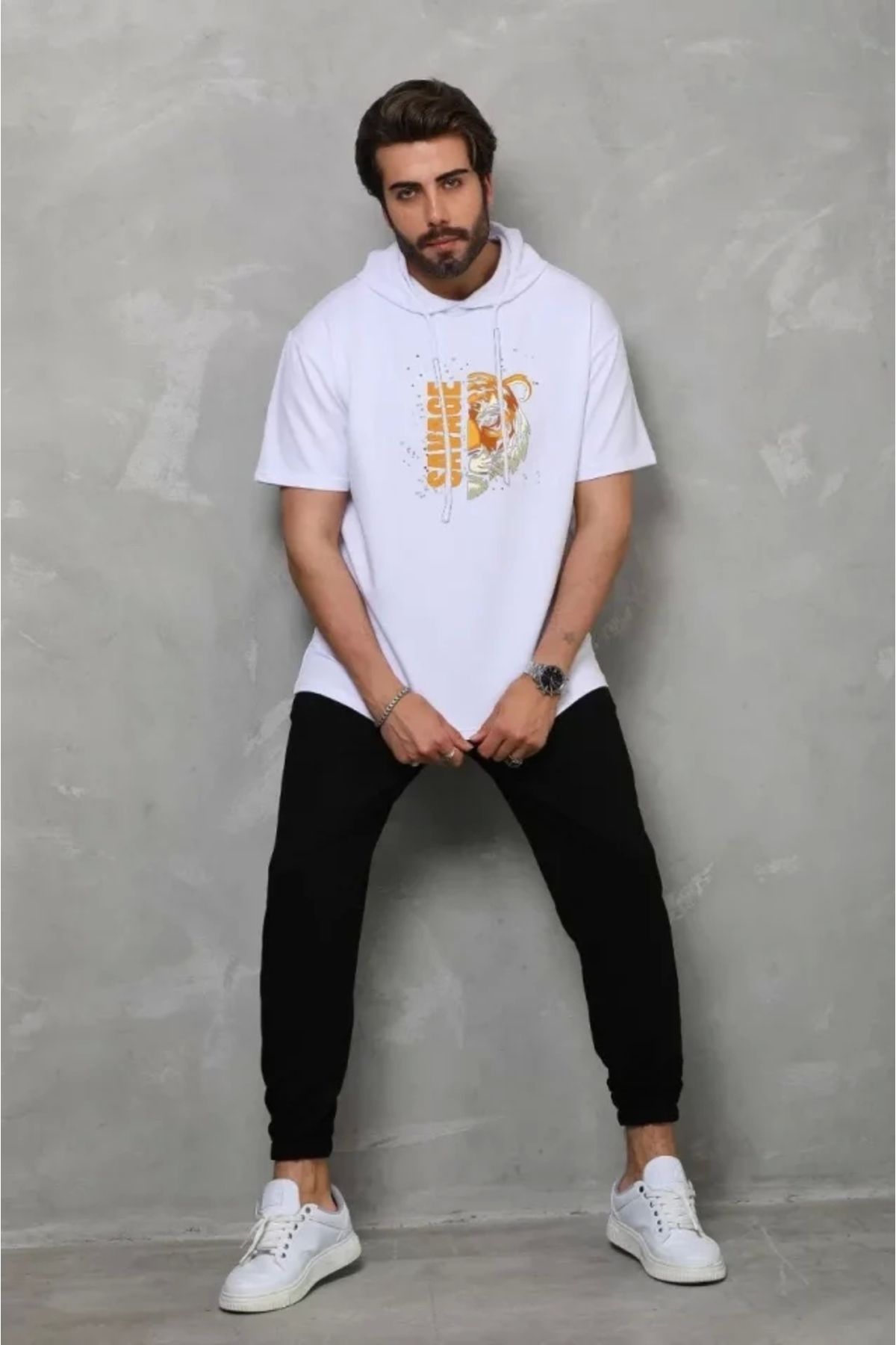 Silerra Unisex Kapşonlu Kısa Kol Oversize Baskılı T-Shirt - Beyaz