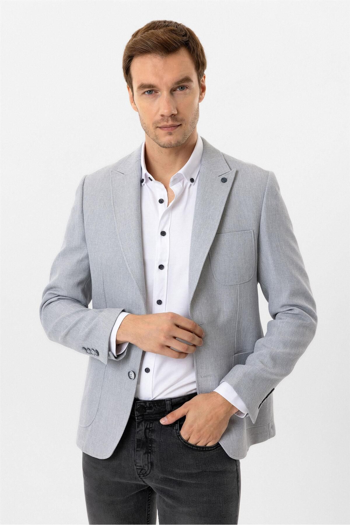 SÜVARİ-Süvari Slim Fit 6 Drop Gray Patterned Single Jacket 3