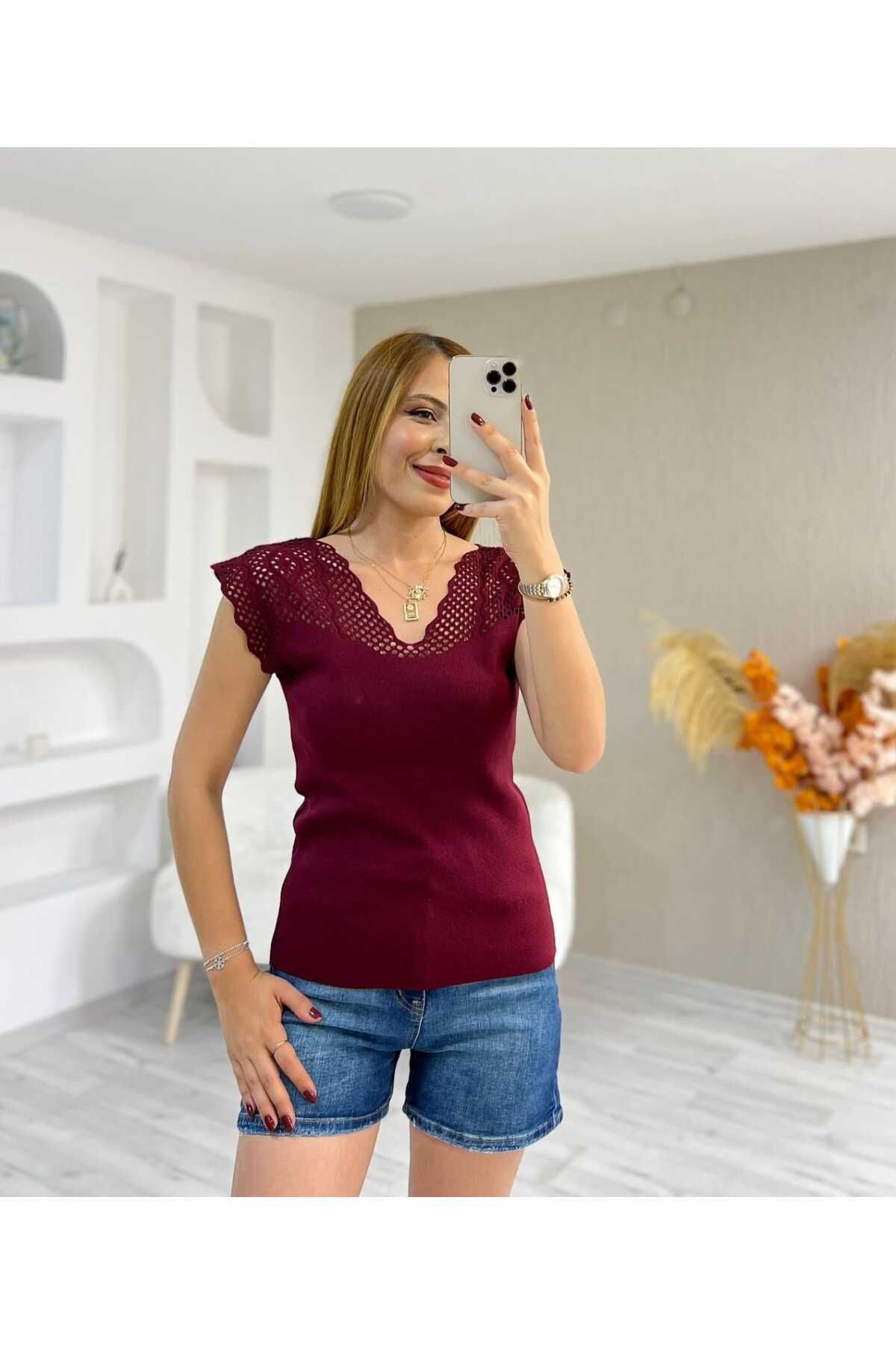 ASEZ BUTİK Asez Butik Kadın V Yaka Delik Ajurlu Mevsimlik Triko Bluz