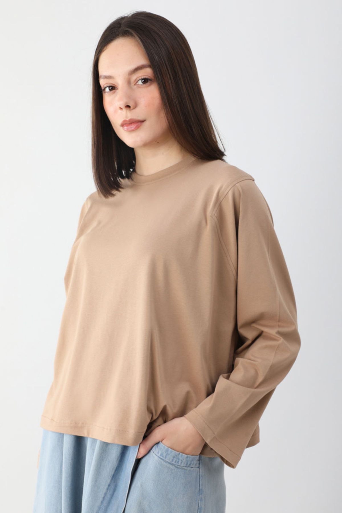 ZÜLAYS Pamuklu Uzun Kollu Tişört Camel