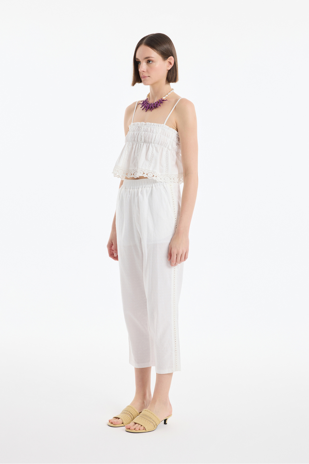 Quzu-Lace Striped Carrot Trousers Ecru 4