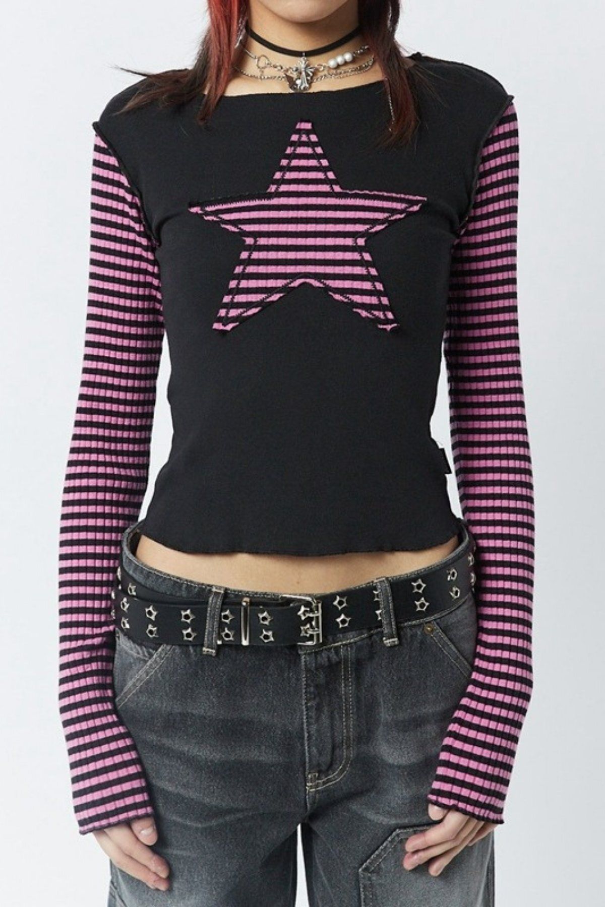 BALİNA Siyah Raglan Pembe Star Uzun Kollu Crop -ALH